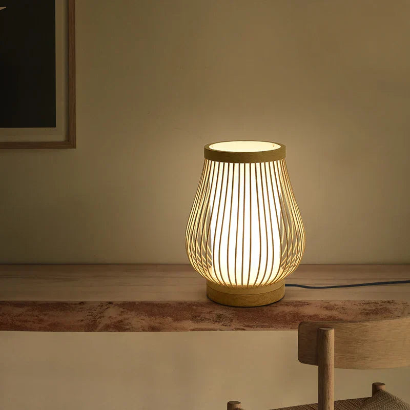 Lampe de Chevet en Bois et Abat-jour Tressé - Lampe Chevet Design