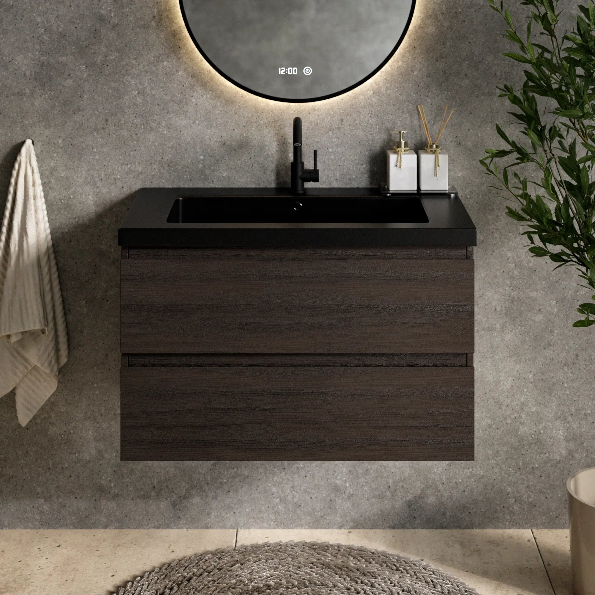 Meuble de salle de bain Sova - 80 cm - Bois de noyer - Lavabo Blanc Noir - Précommander