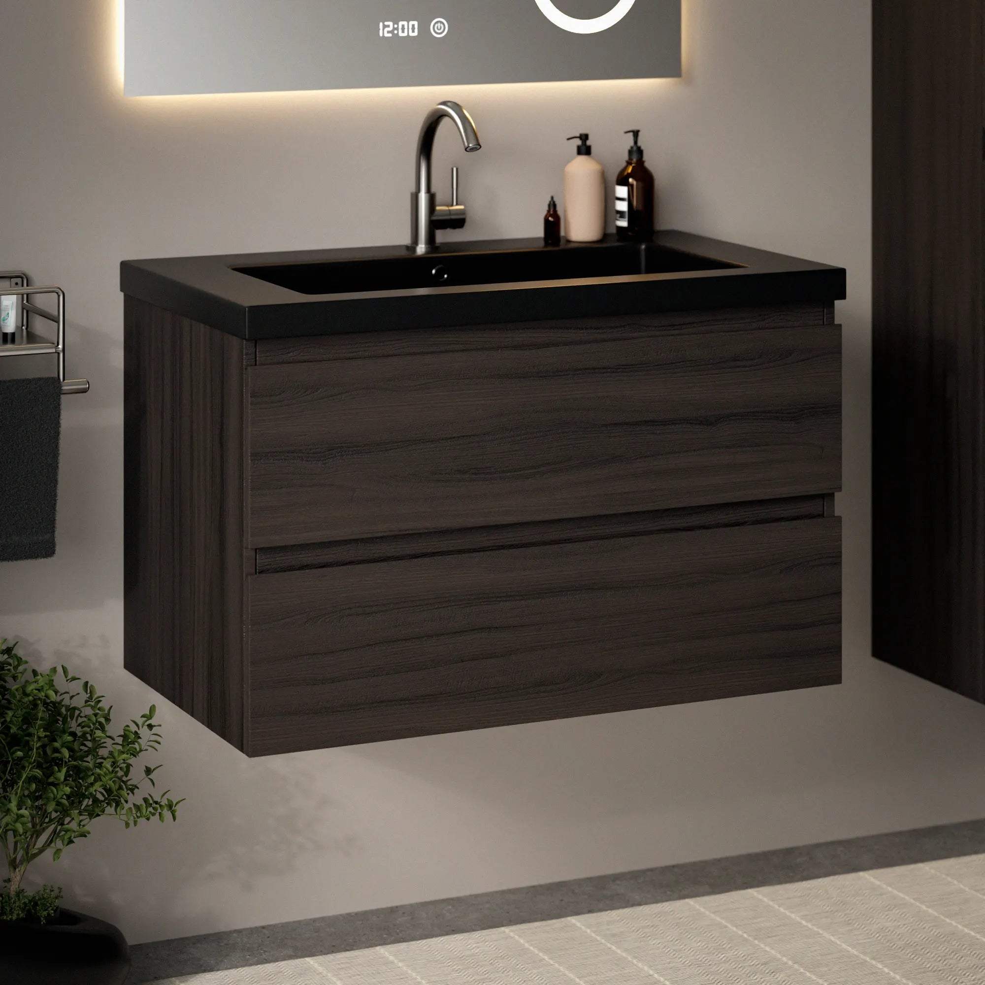 Meuble de salle de bain Sova - 80 cm - Bois de noyer - Lavabo Blanc Noir - Précommander