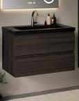 Meuble de salle de bain Sova - 80 cm - Bois de noyer - Lavabo Blanc Noir - Précommander