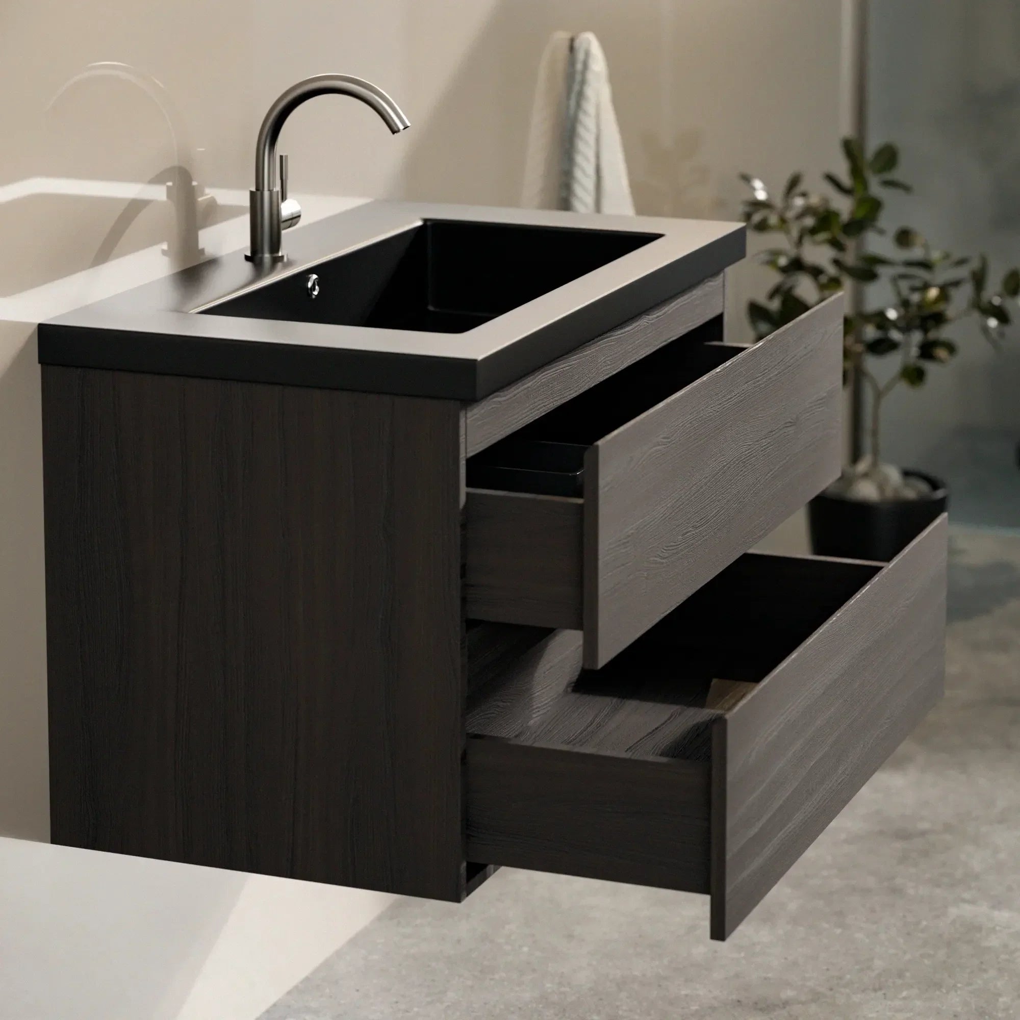 Meuble de salle de bain Sova - 80 cm - Bois de noyer - Lavabo Blanc Noir - Précommander
