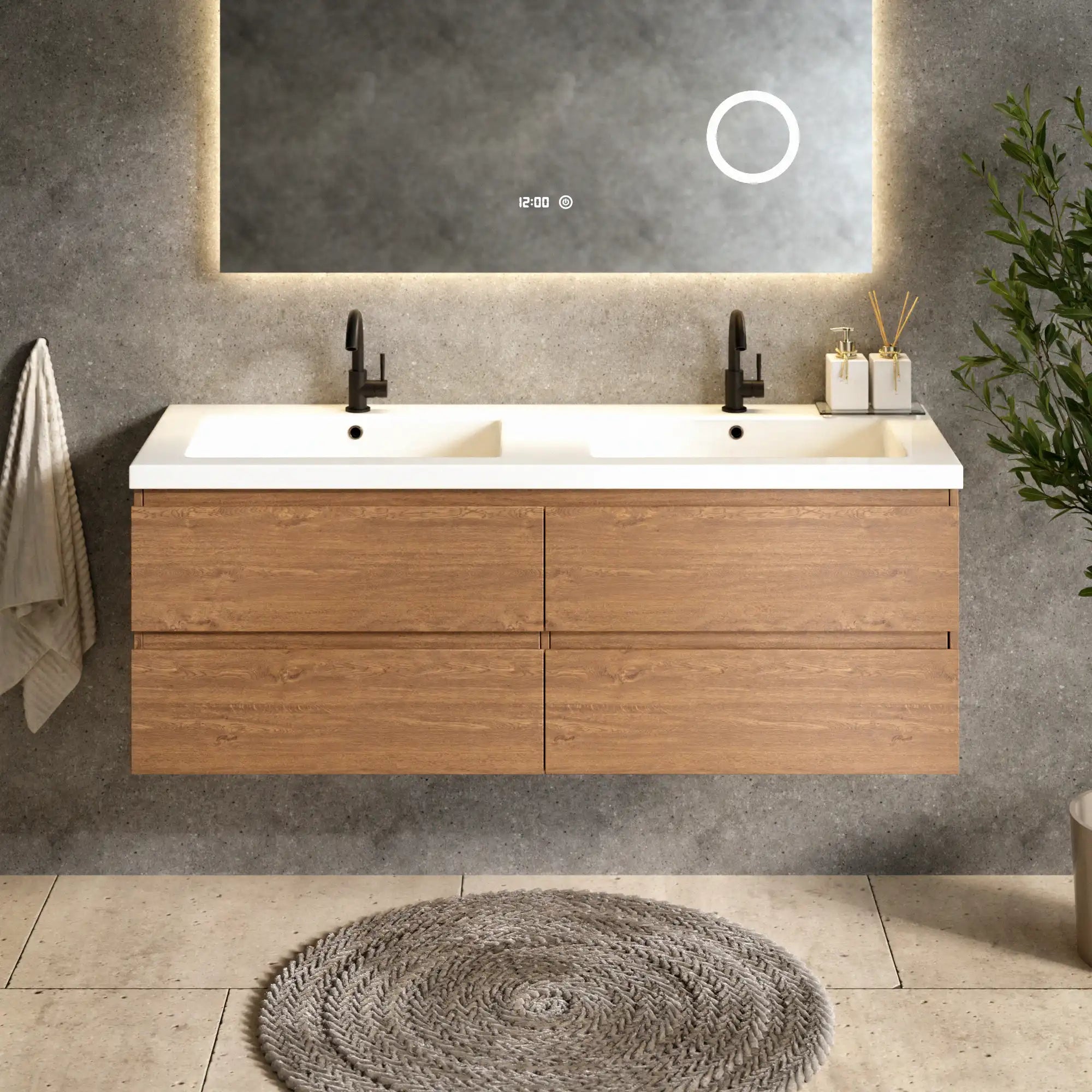 Meuble de salle de bain Arato - 140 cm - Chêne chaud - Lavabo Blanc - Précommander