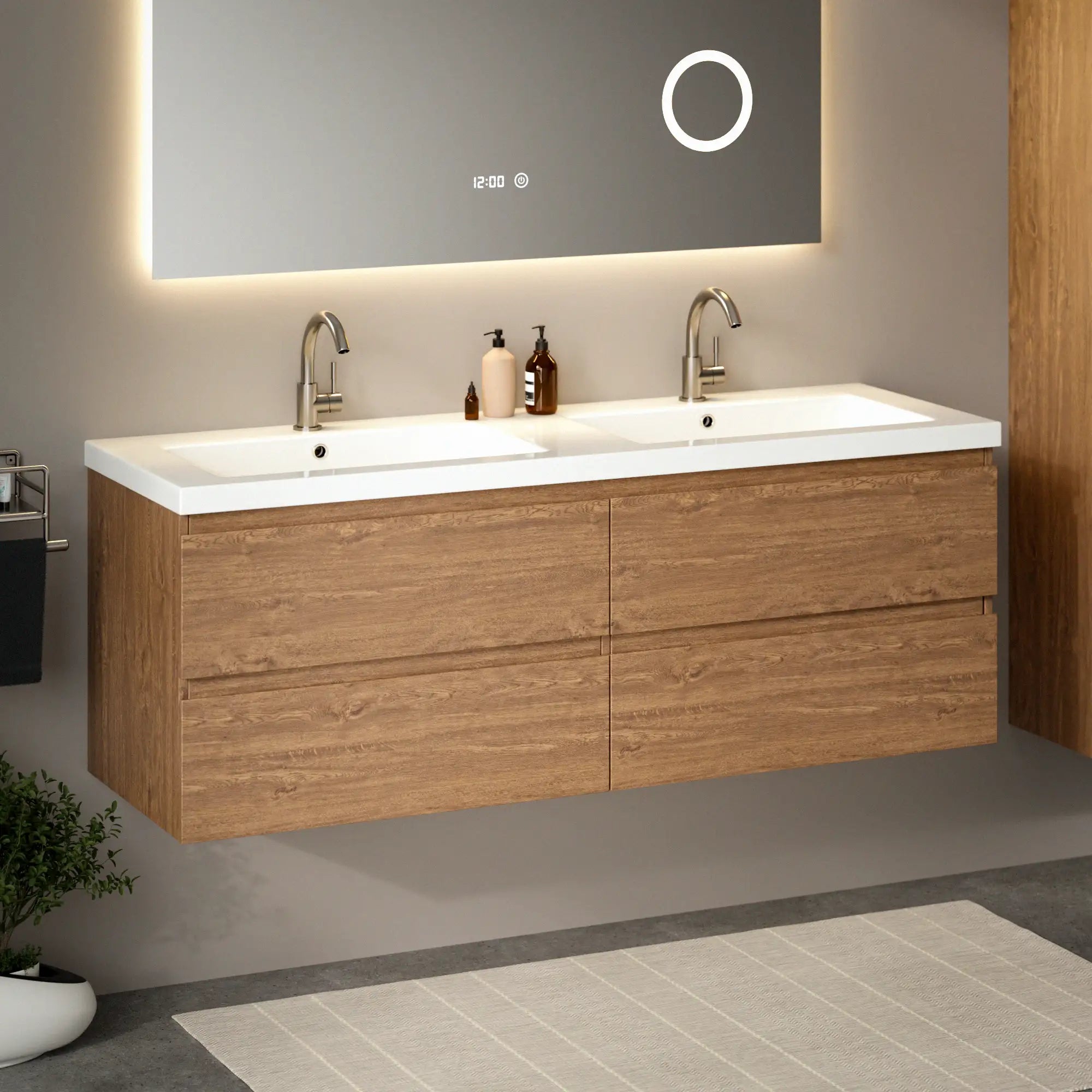 Meuble de salle de bain Arato - 140 cm - Chêne chaud - Lavabo Blanc - Précommander