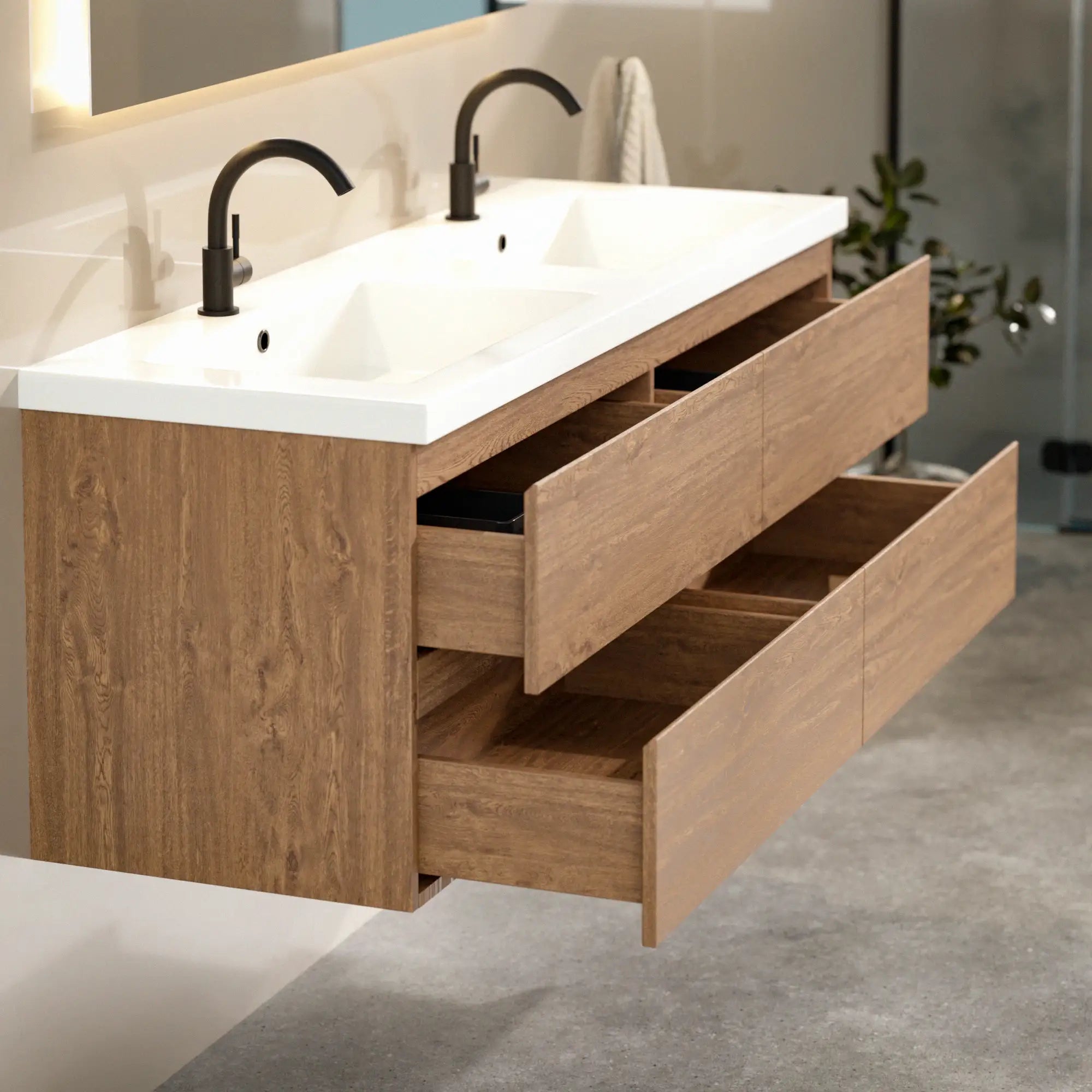 Meuble de salle de bain Arato - 140 cm - Chêne chaud - Lavabo Blanc - Précommander