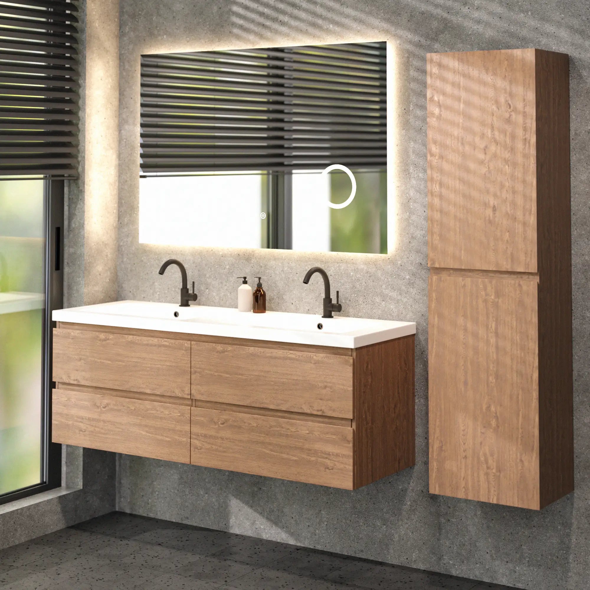 Meuble de salle de bain Arato - 140 cm - Chêne chaud - Lavabo Blanc - Précommander