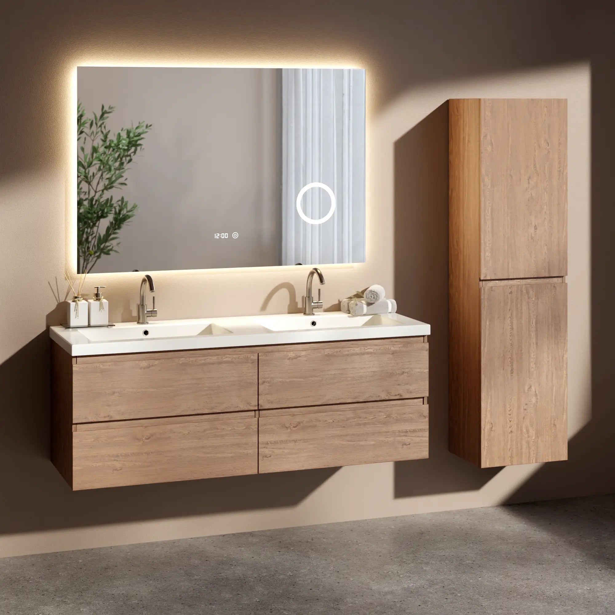 Meuble de salle de bain Arato - 140 cm - Chêne chaud - Lavabo Blanc - Précommander