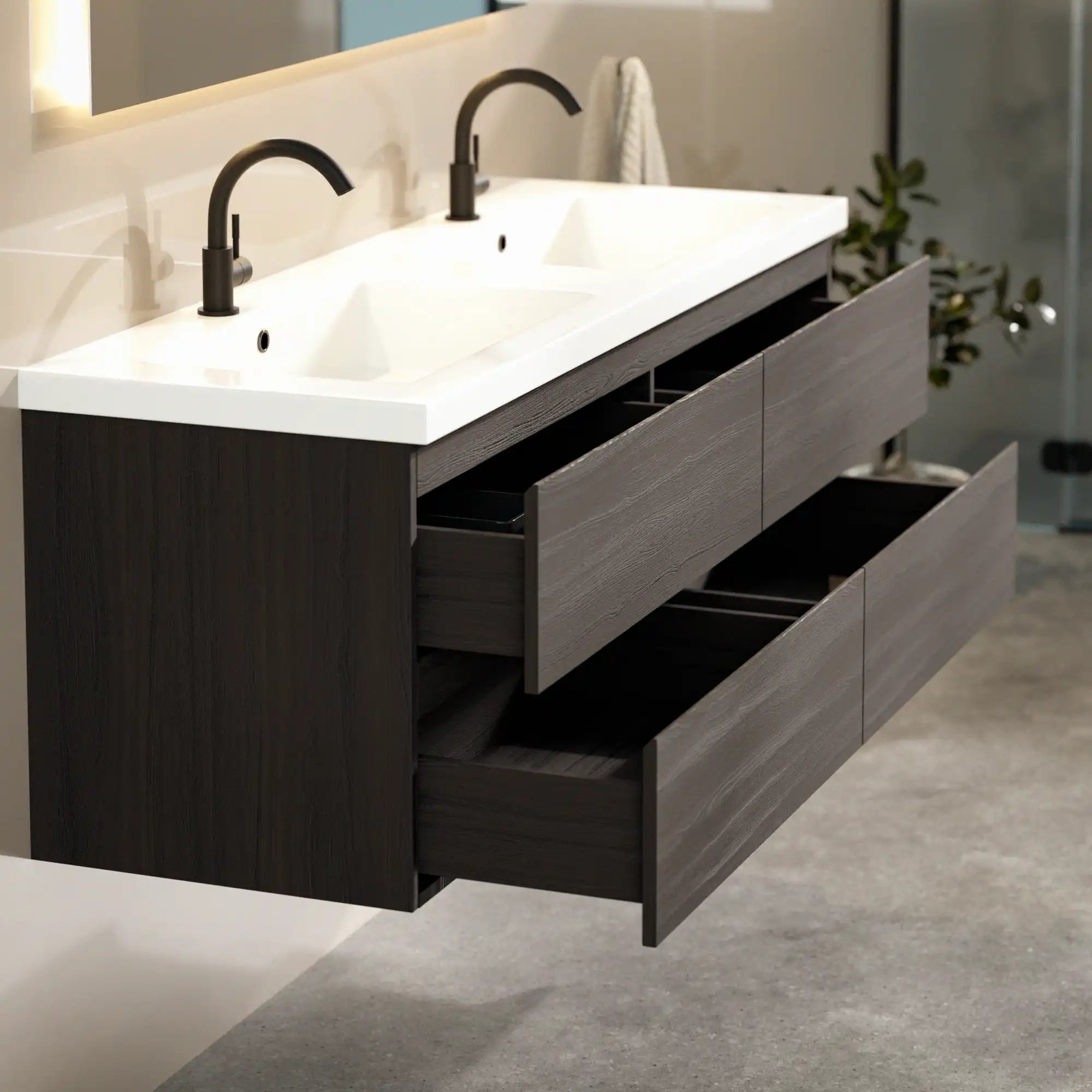 Meuble de salle de bain Arato - 140 cm - Bois noyer - Vasque blanche - Précommander