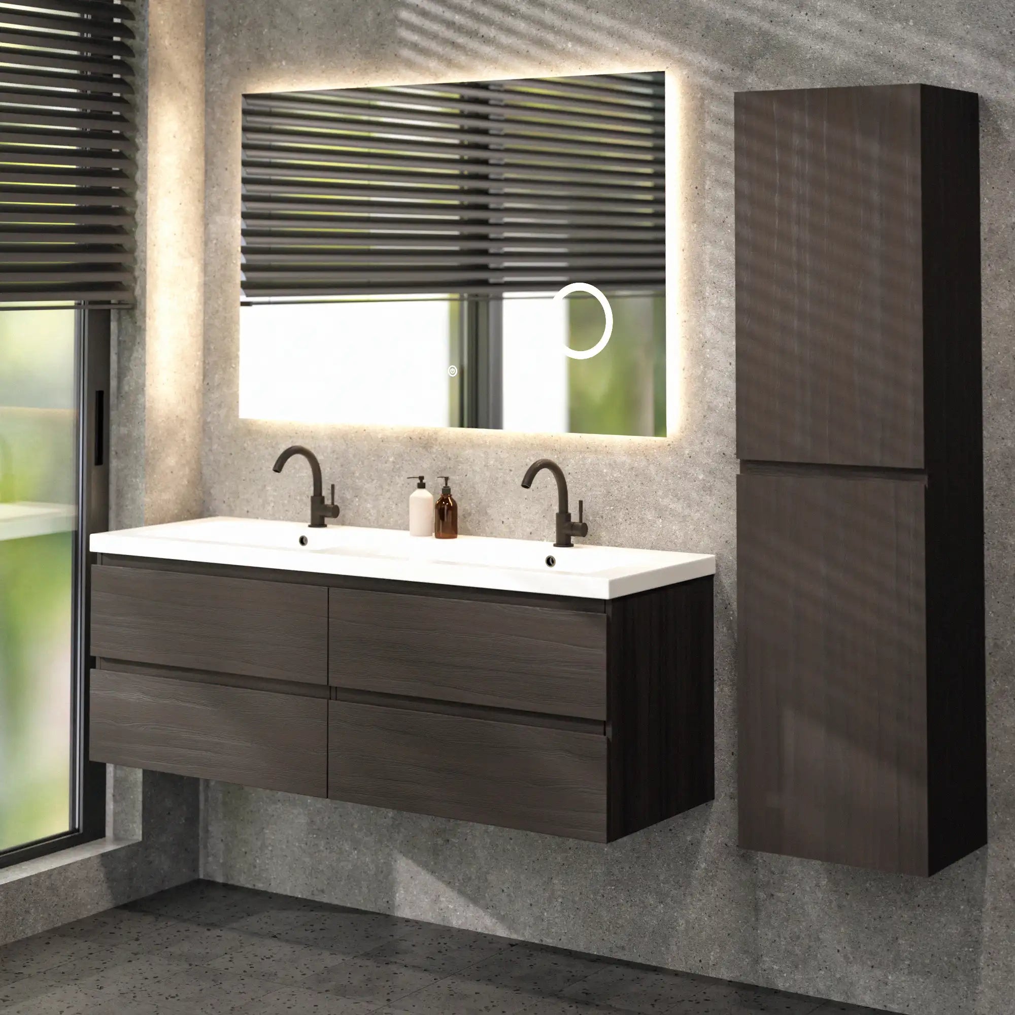 Meuble de salle de bain Arato - 140 cm - Bois noyer - Vasque blanche - Précommander