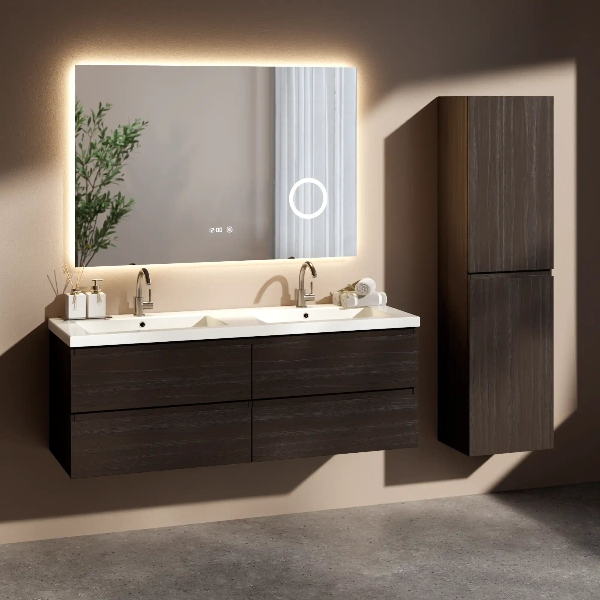 Meuble de salle de bain Arato - 140 cm - Bois noyer - Vasque blanche - Précommander