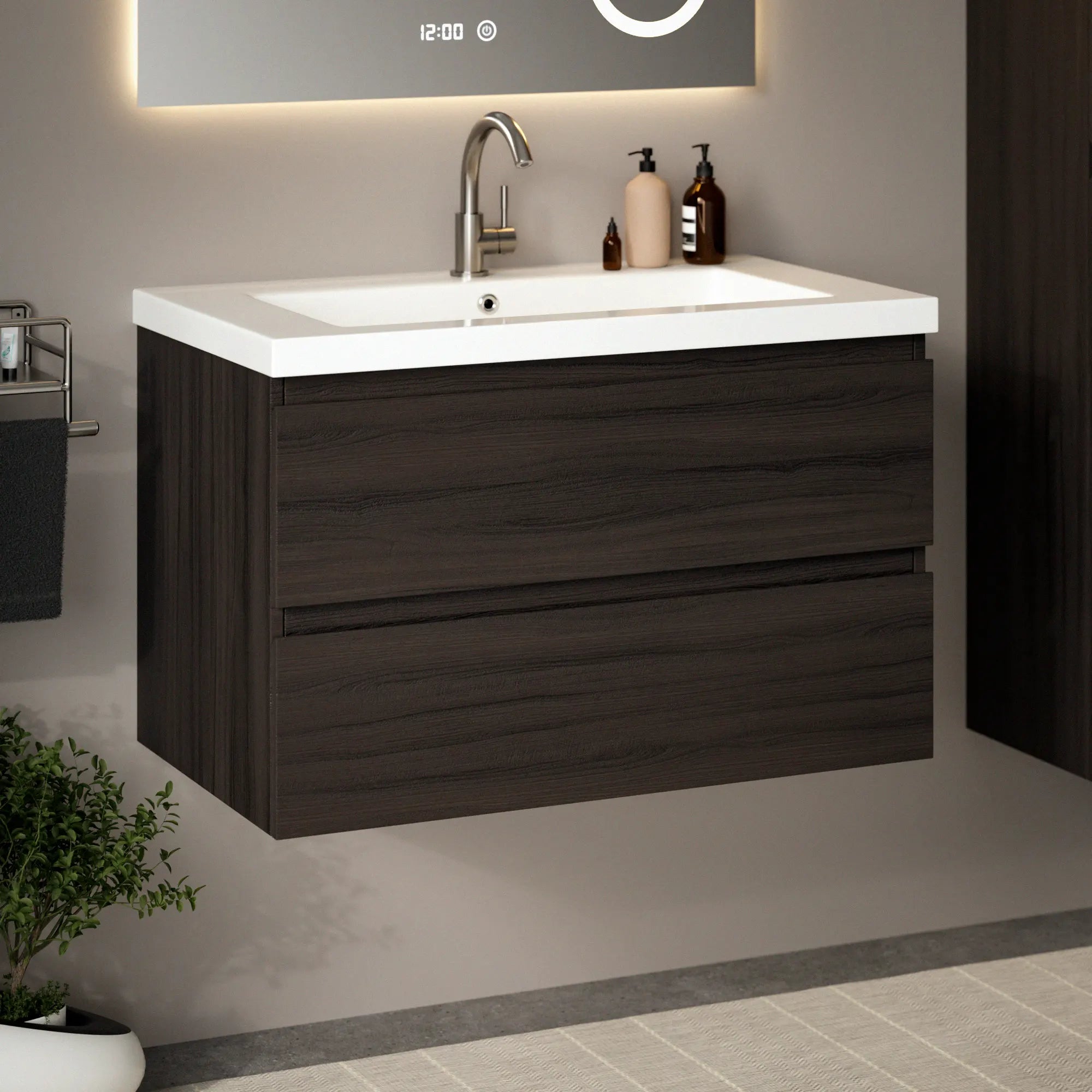 Meuble de salle de bain Sova - 80cm - Bois de noyer - Lavabo Blanc - Précommander