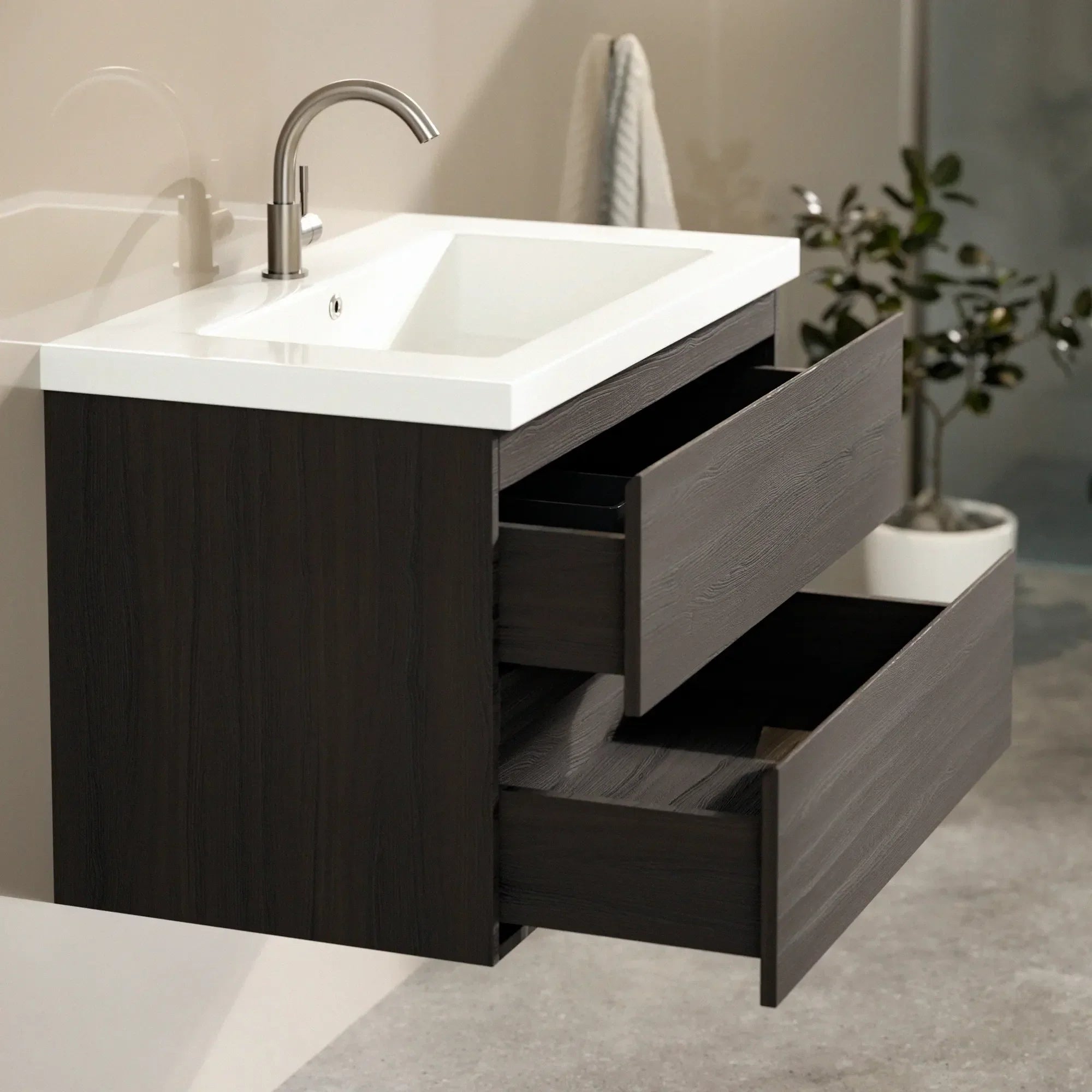 Meuble de salle de bain Sova - 80cm - Bois de noyer - Lavabo Blanc - Précommander