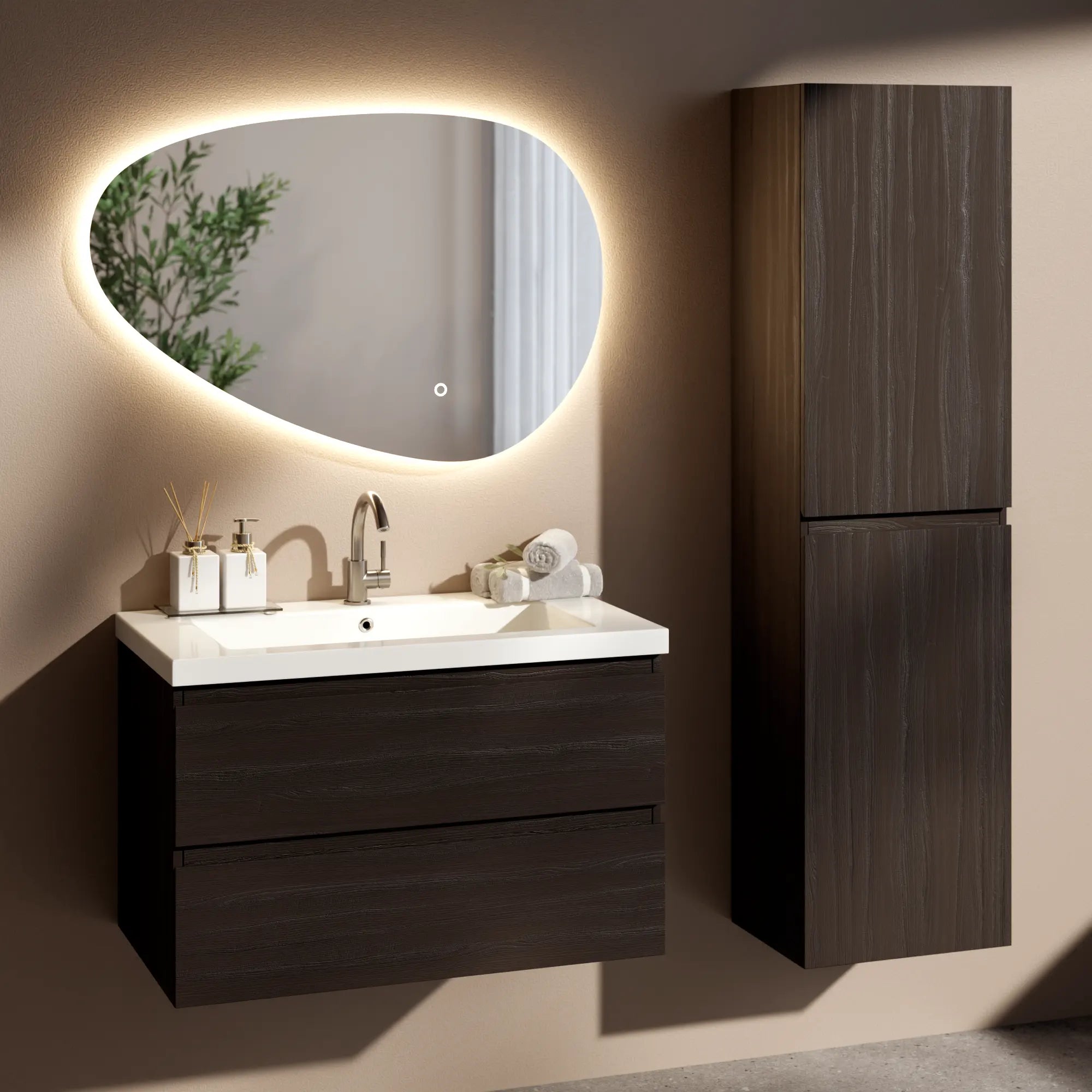 Meuble de salle de bain Sova - 80cm - Bois de noyer - Lavabo Blanc - Précommander
