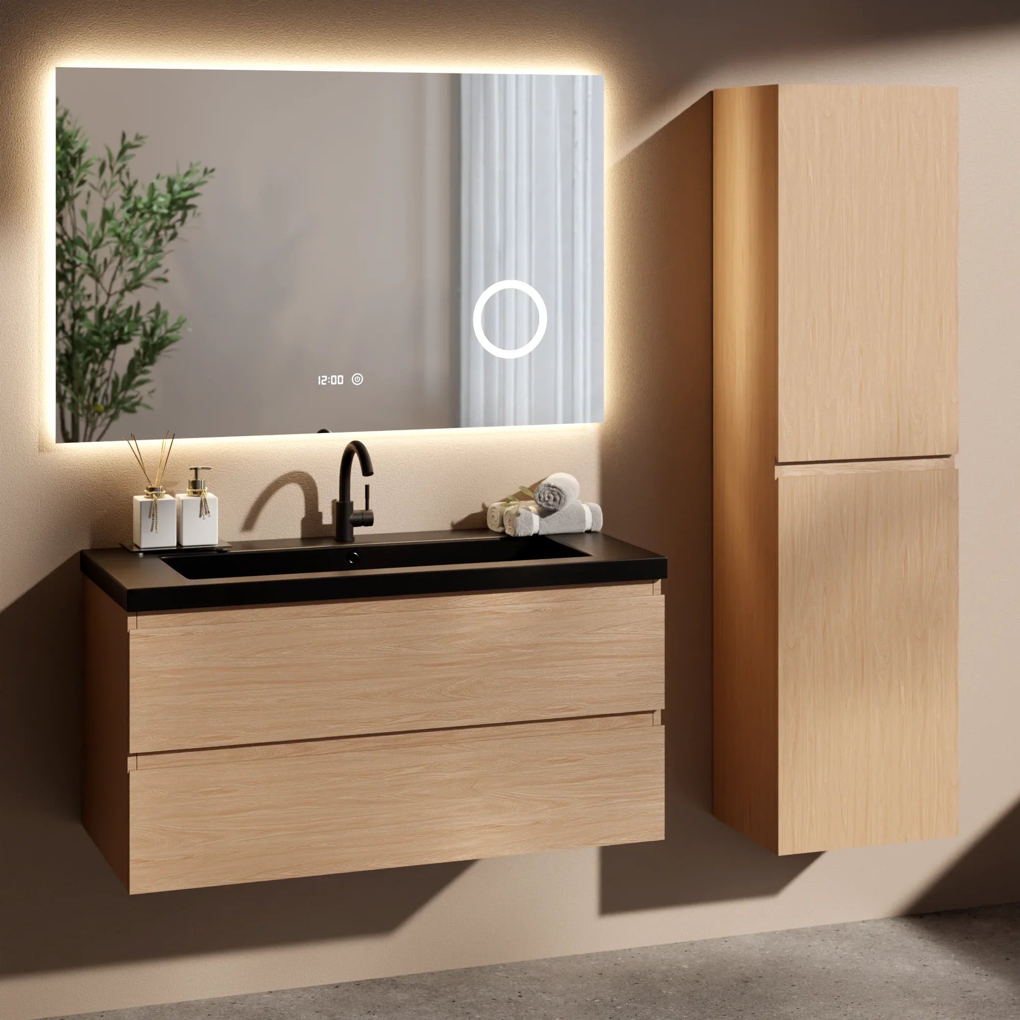 Ensemble meuble vasque Monaco – 100 cm – Chêne Clair – Lavabo Noir