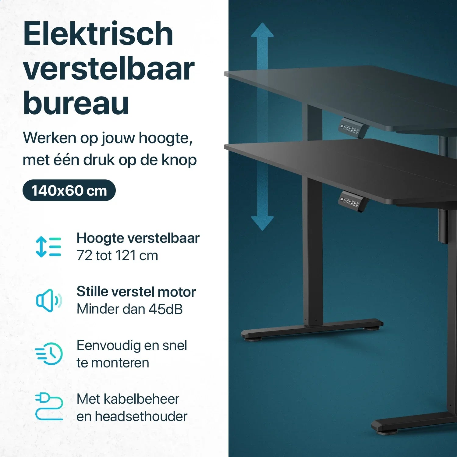 Bureau assis debout Flowsense - Bureau électrique réglable - 140 x 60 cm