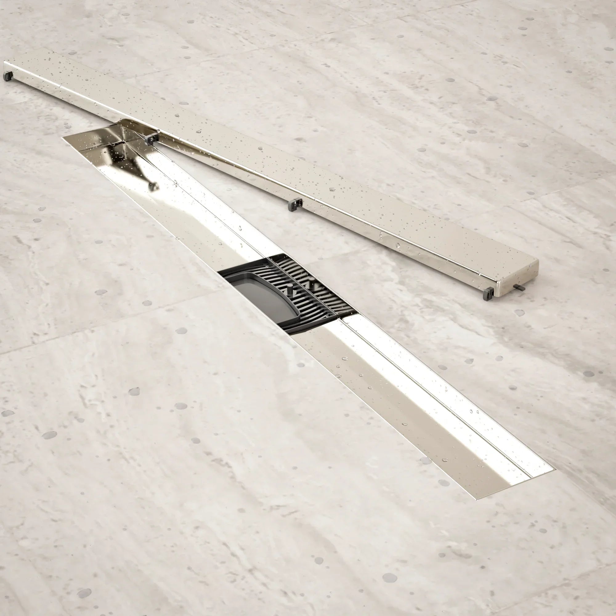 Caniveau de douche – 70 cm – Grille à carreaux – Acier inoxydable – avec bride