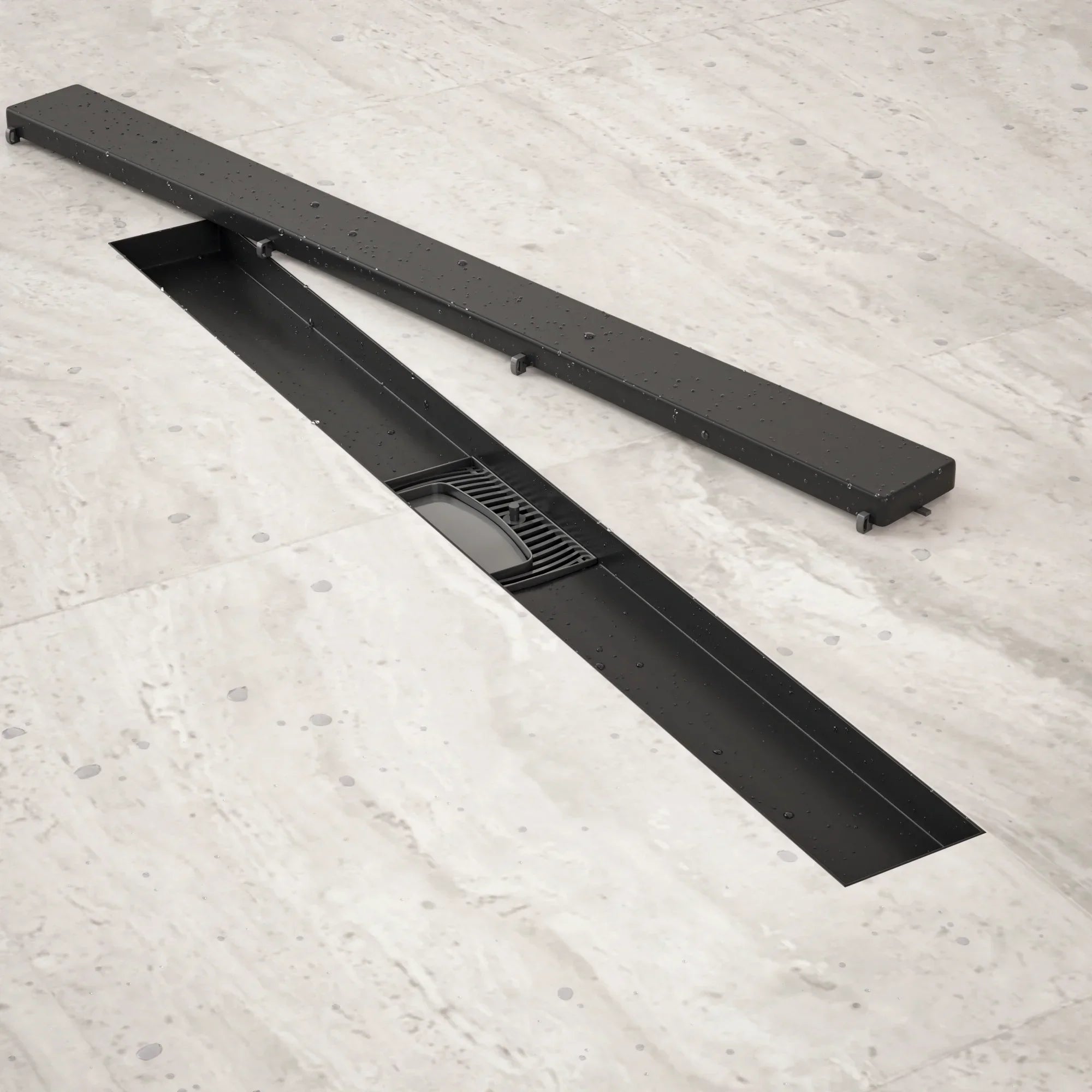 Caniveau de douche – 70 cm – Noir mat – Grille à carreaux – Acier inoxydable – avec bride