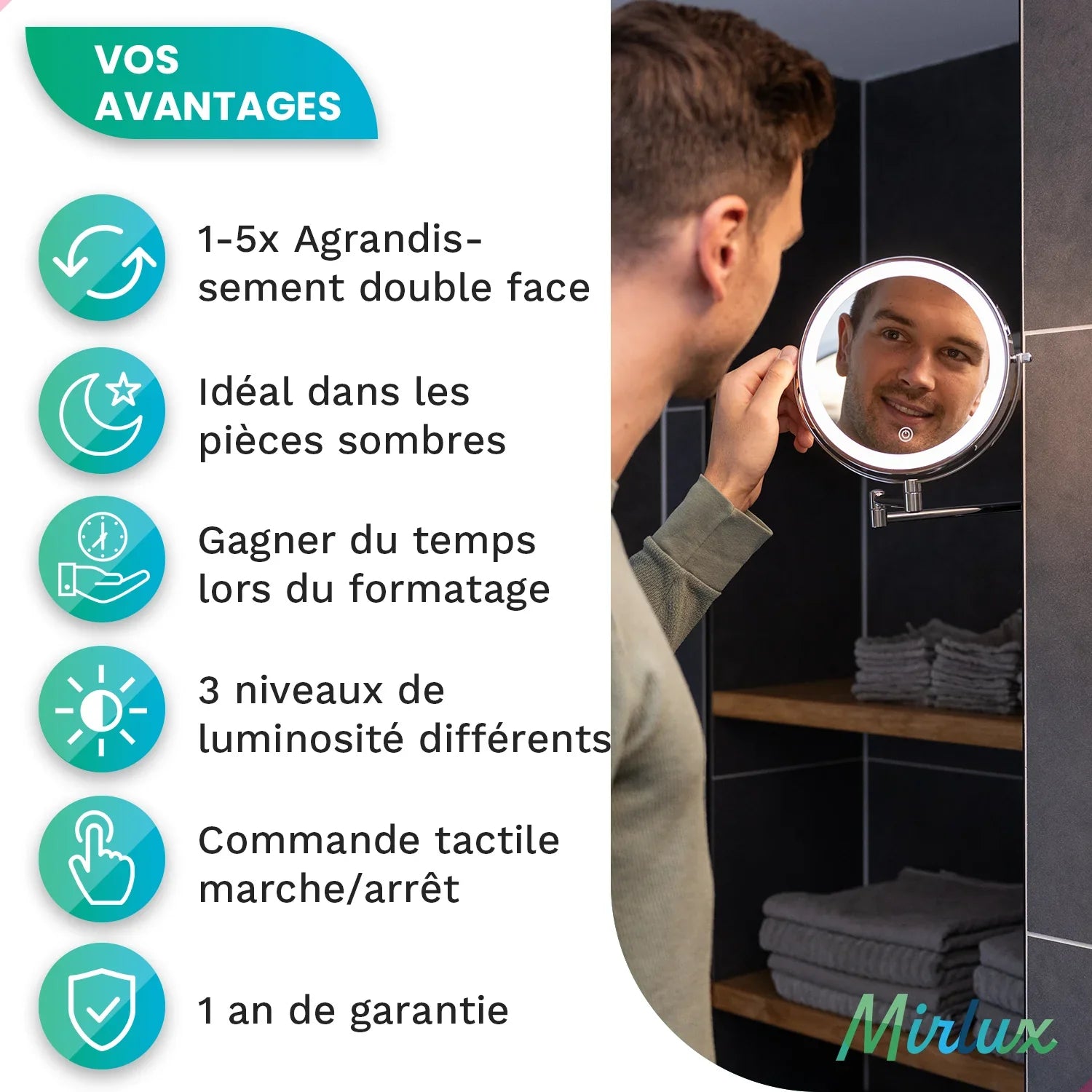 Miroir de maquillage - Rechargeable - Chrome - Grossissement 1-5x