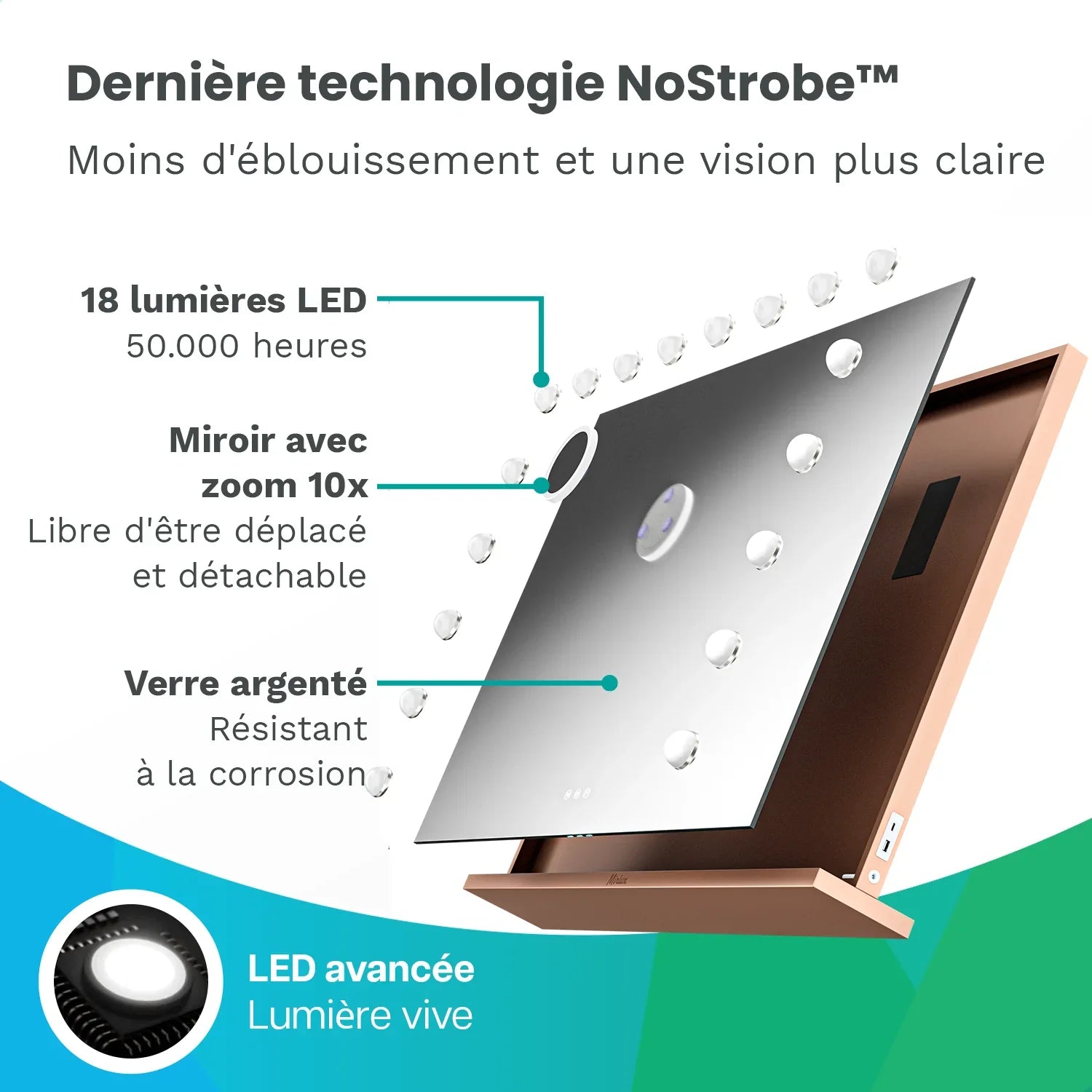 Miroir Hollywood - Enceintes Bluetooth - 80x60cm - Or Rose
