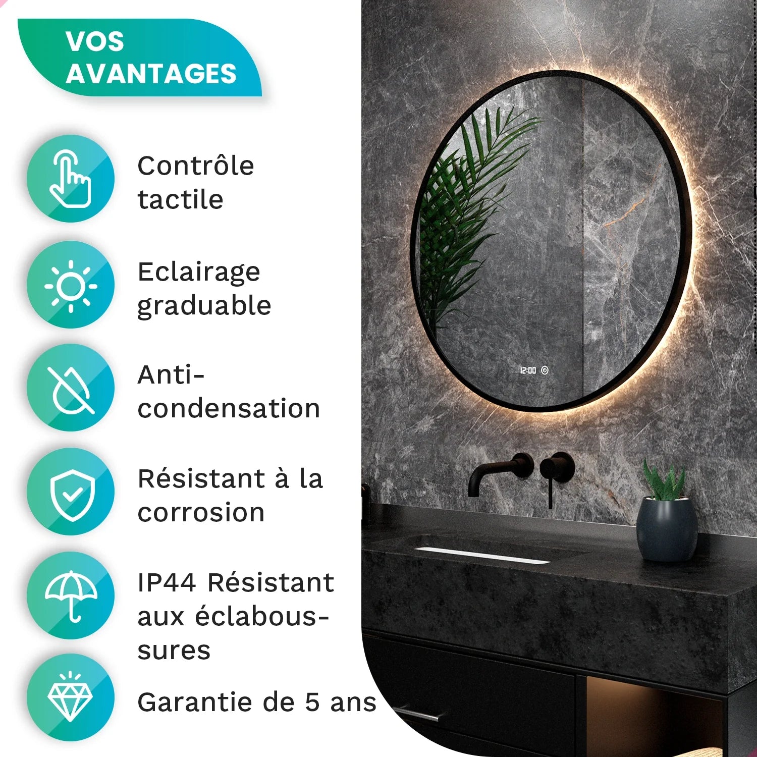 Miroir de Salle de Bain - 80cm - Cadre Noir - Précommander