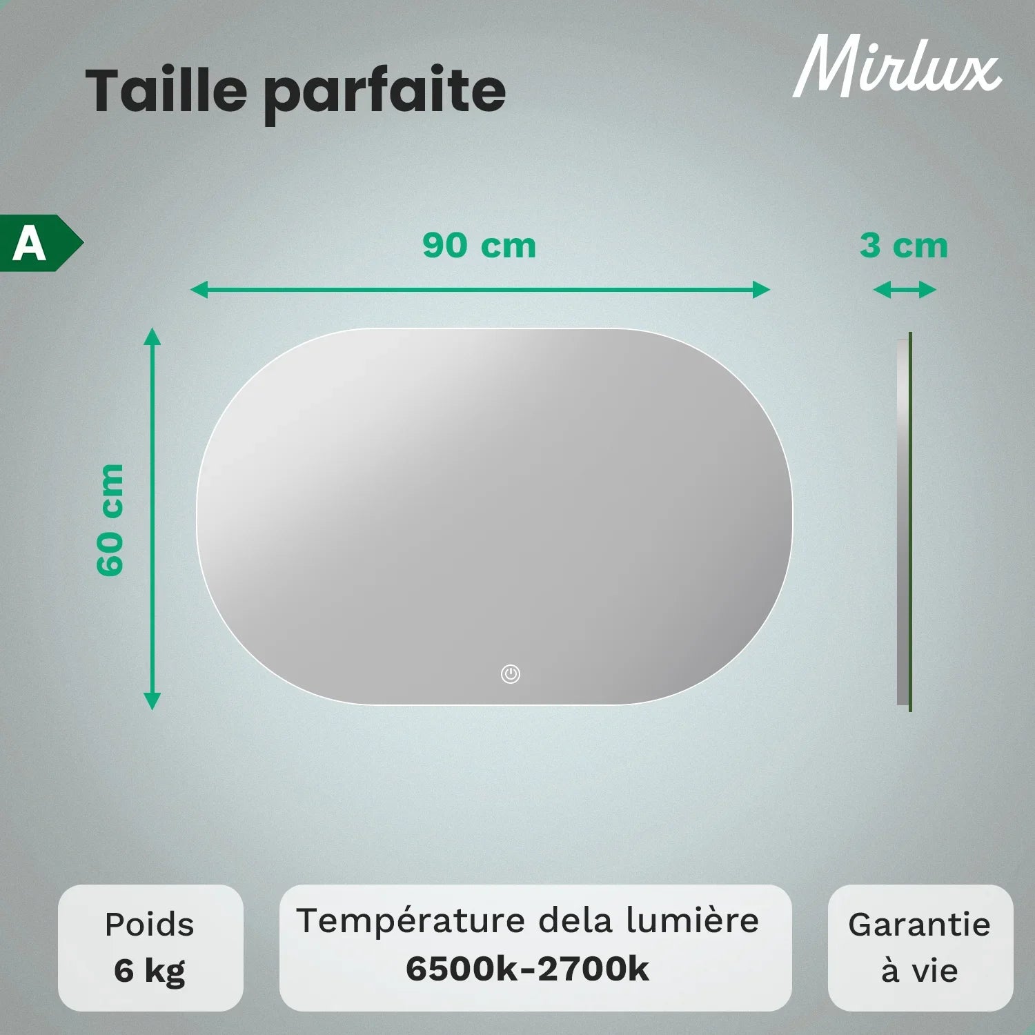 Miroir de salle de bain - 90x60cm - Sans cadre - Précommander