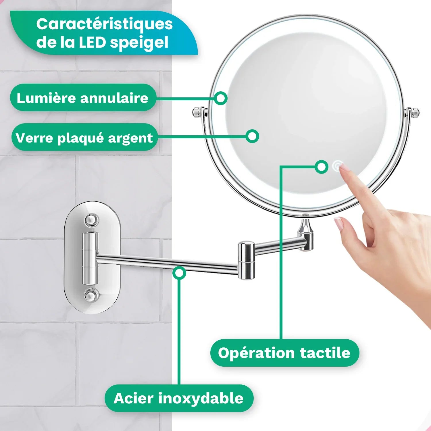 Miroir de maquillage - Rechargeable - Chrome - Grossissement 1-5x