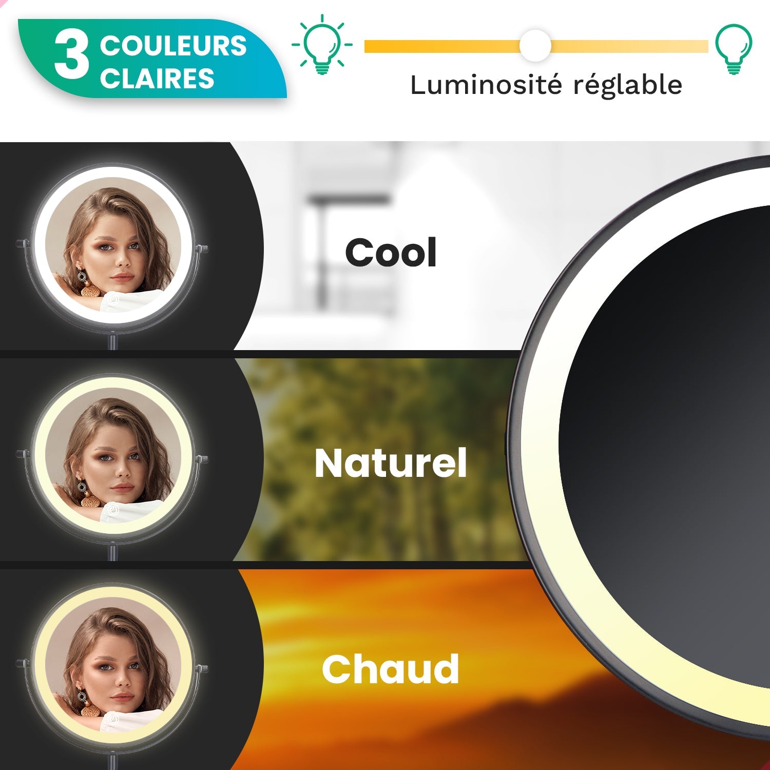 Miroir de maquillage - Rechargeable - Chrome - Grossissement 1-10x