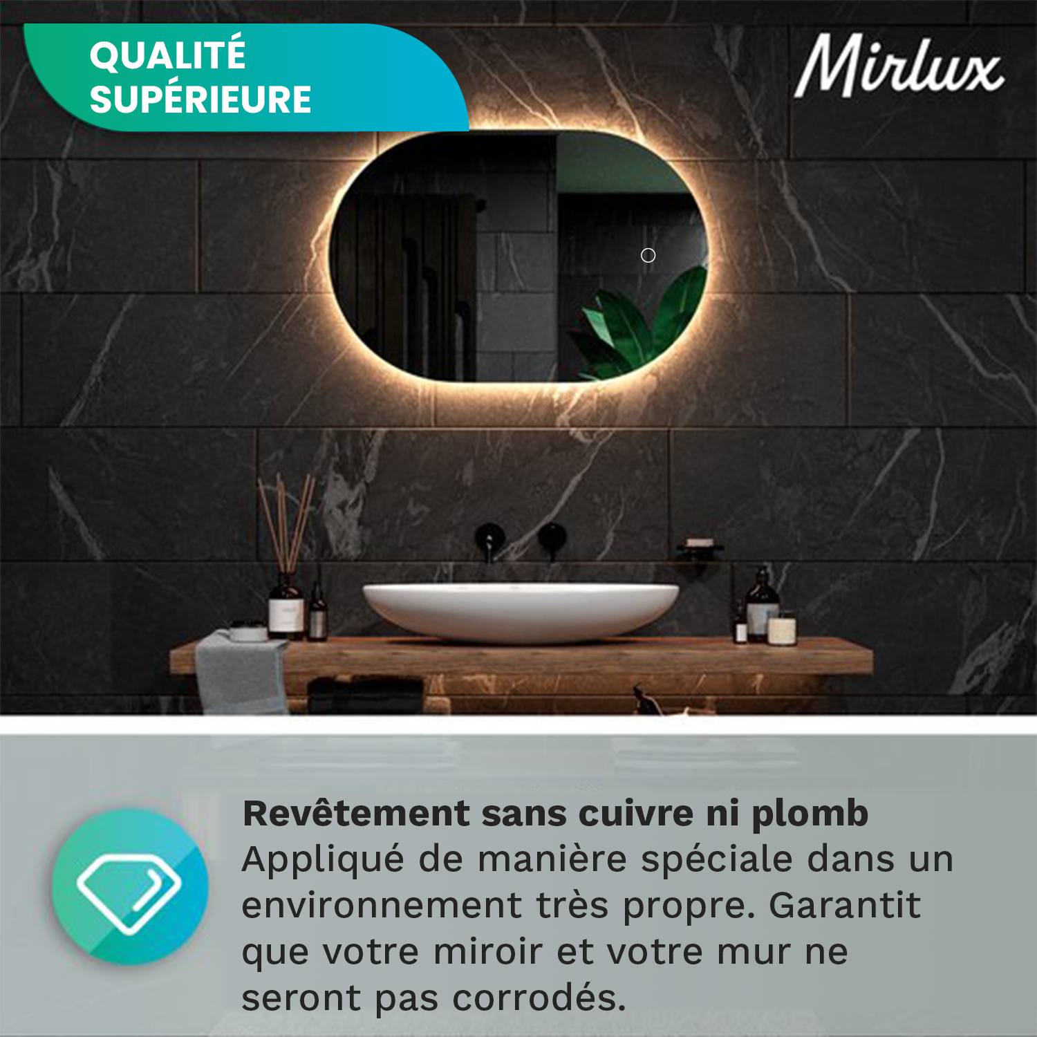 Miroir de salle de bain - 90x60cm - Sans cadre - Précommander
