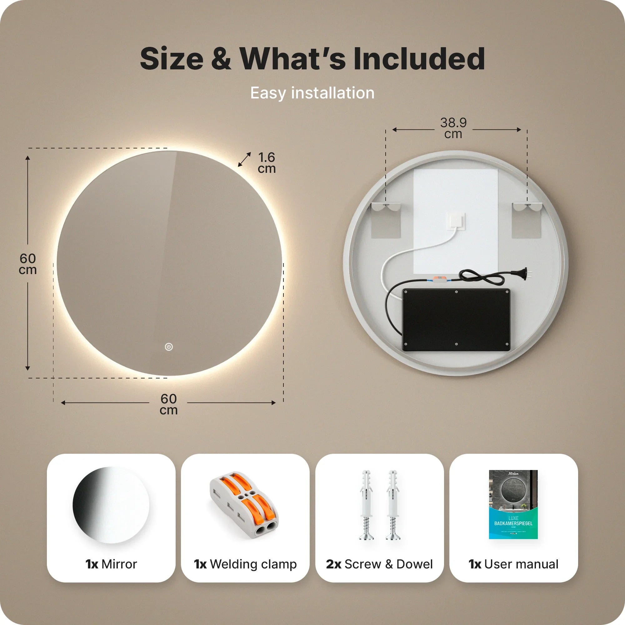 Miroir de salle de bain - 60cm - Sans cadre - Précommander