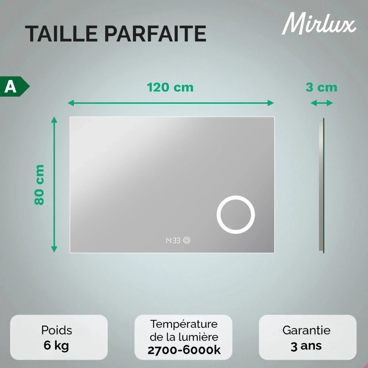 Miroir de salle de bain - 120x80cm - Sans cadre - Précommander