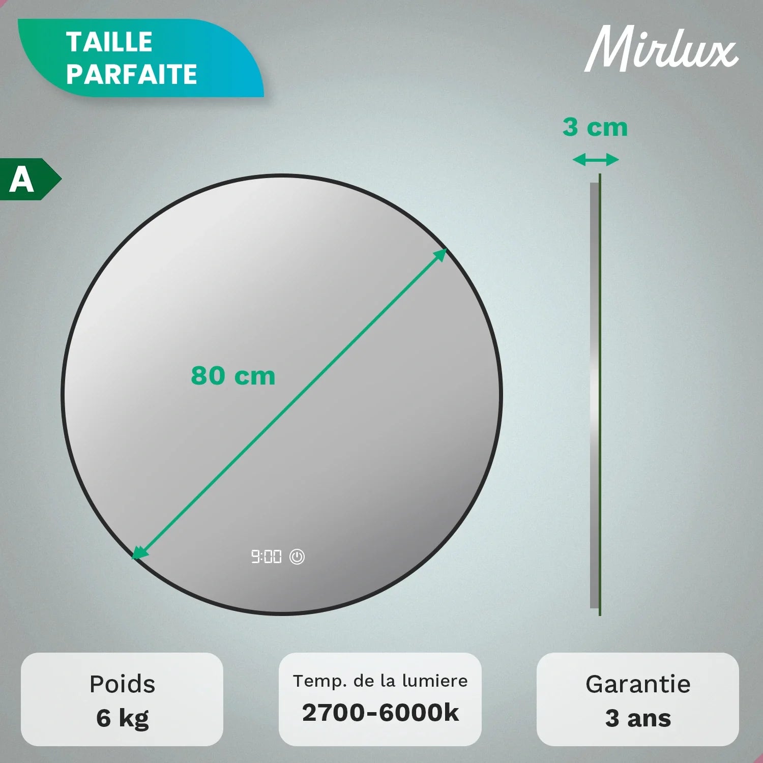 Miroir de Salle de Bain - 80cm - Cadre Noir - Précommander