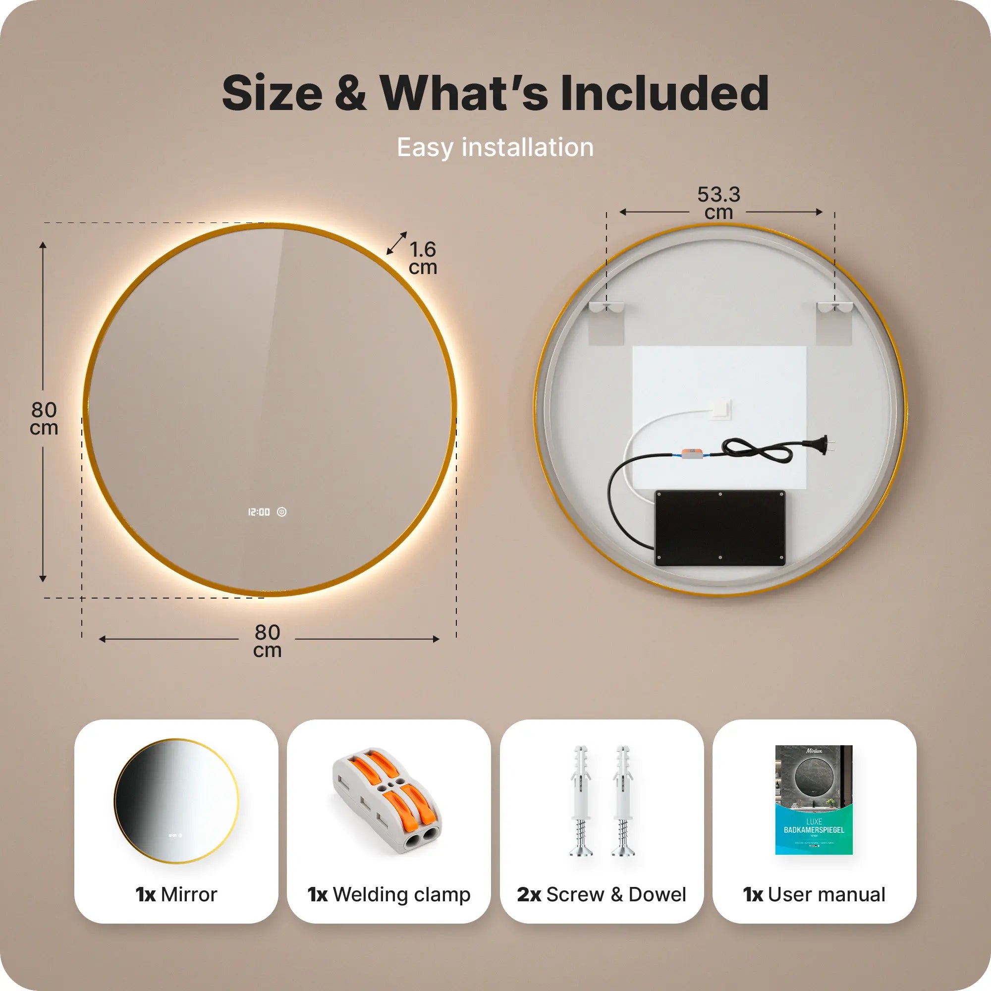 Miroir de salle de bains - 80 cm - Cadre Doré - Précommander