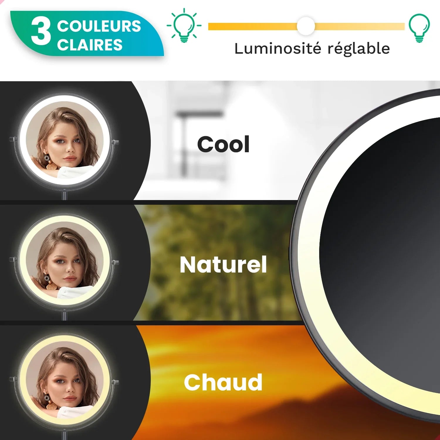 Miroir de maquillage - Rechargeable - Chrome - Grossissement 1-7x