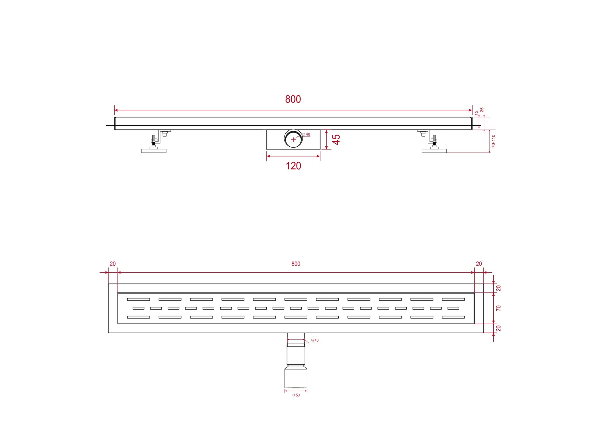 Caniveau de douche – 80 cm – Grille standard – Acier inoxydable – avec bride