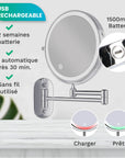 Miroir de maquillage - Rechargeable - Chrome - Grossissement 1-7x