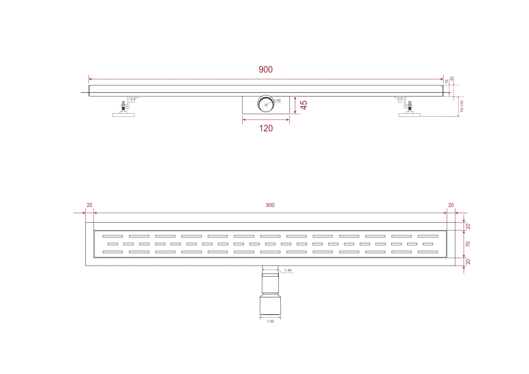 Caniveau de douche – 90 cm – Grille standard – Acier inoxydable – avec bride