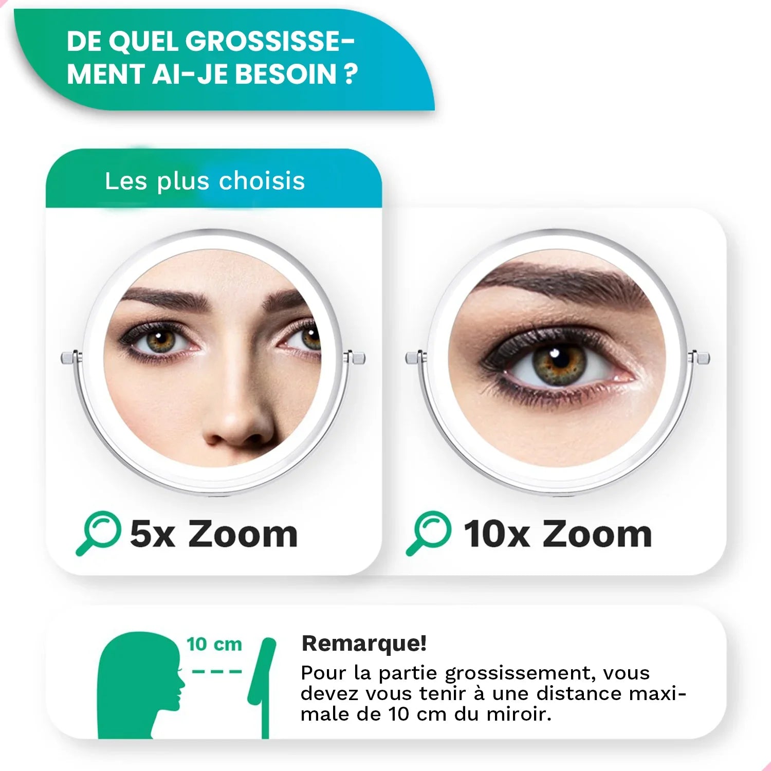Miroir de maquillage - Rechargeable - Chrome - Grossissement 1-5x