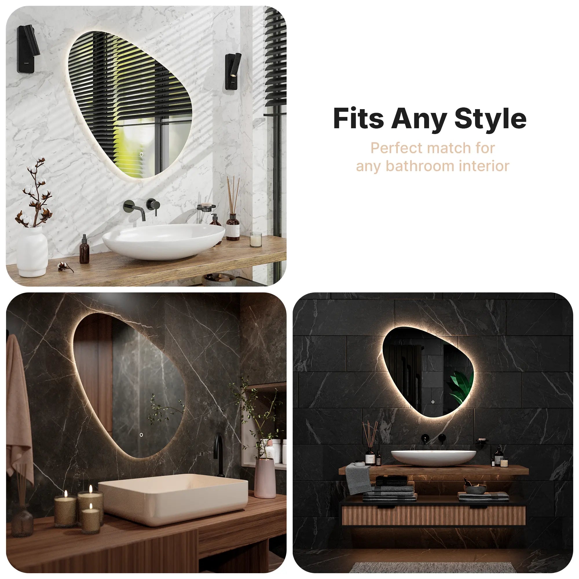 Miroir de salle de bain - 80x80cm Asymétrique - Sans cadre - Précommander