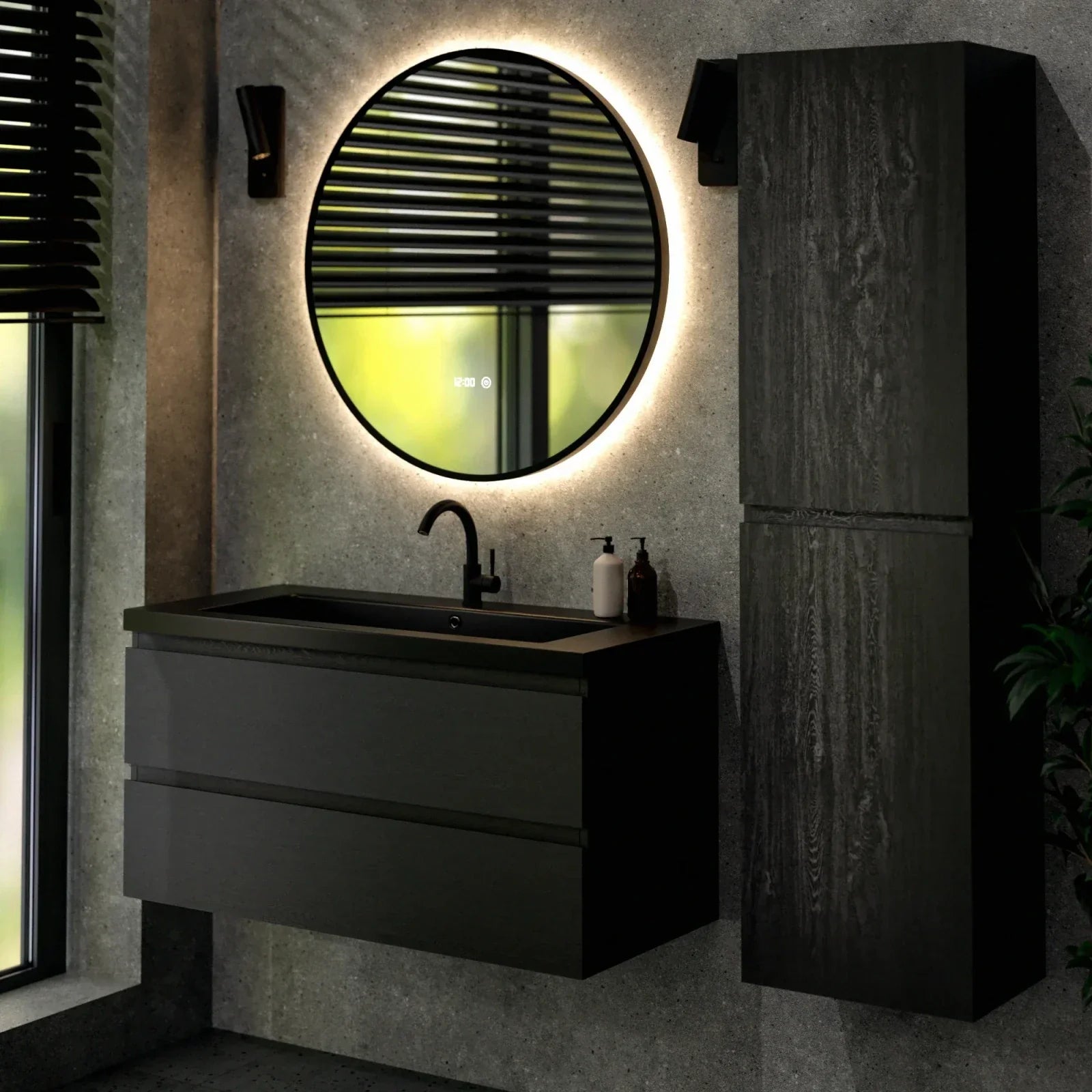 Meuble de salle de bain Sena - 100 cm - Chêne Noir - Lavabo Noir - Précommander