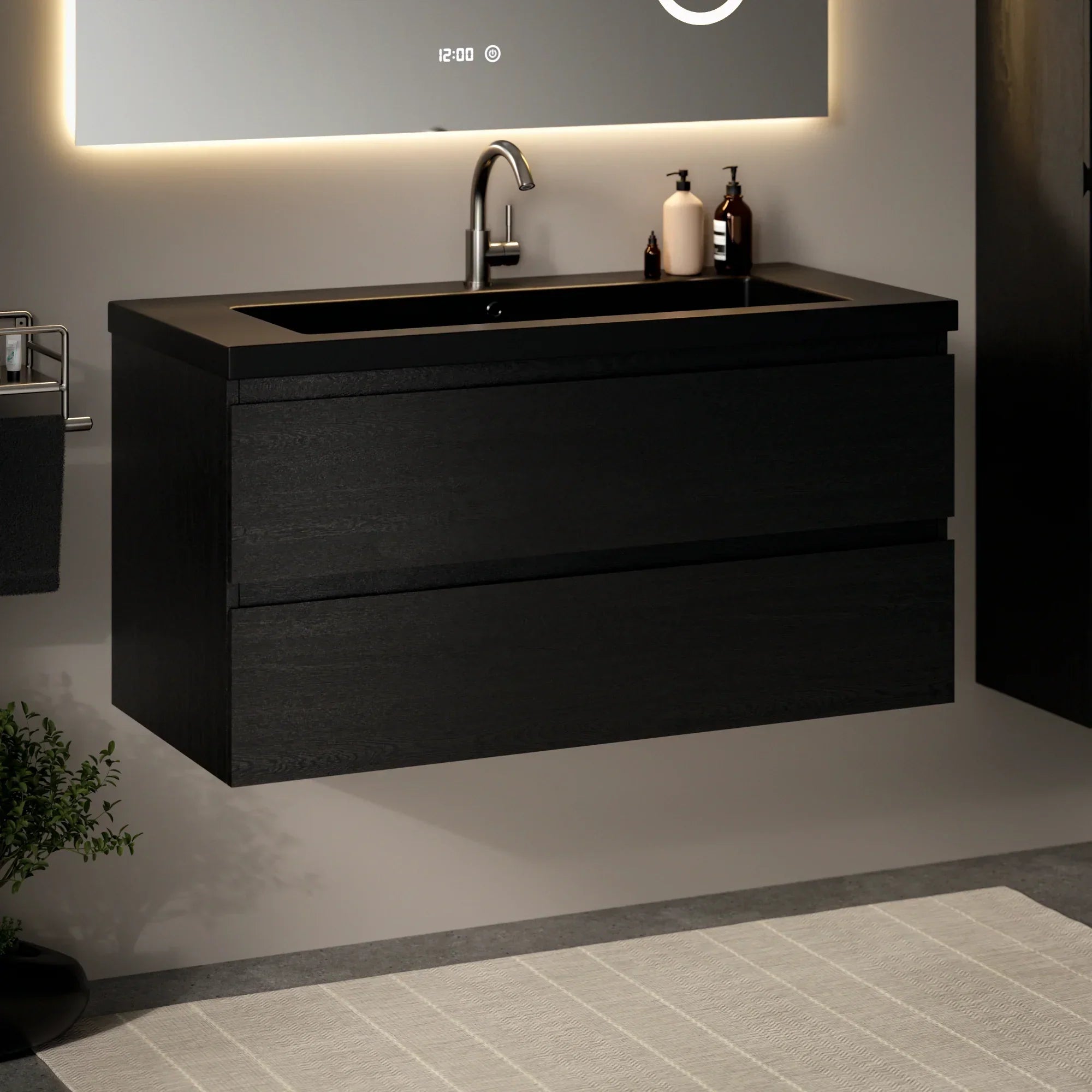 Meuble de salle de bain Sena - 100 cm - Chêne Noir - Lavabo Noir - Précommander