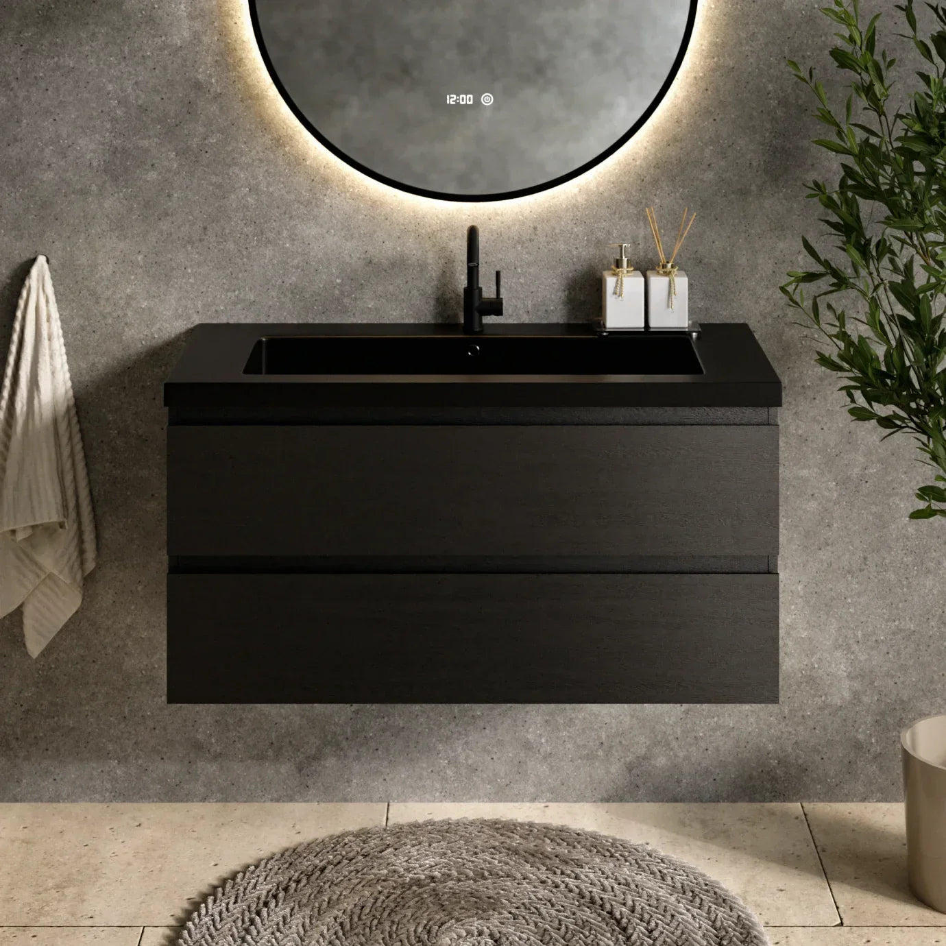 Meuble de salle de bain Sena - 100 cm - Chêne Noir - Lavabo Noir - Précommander