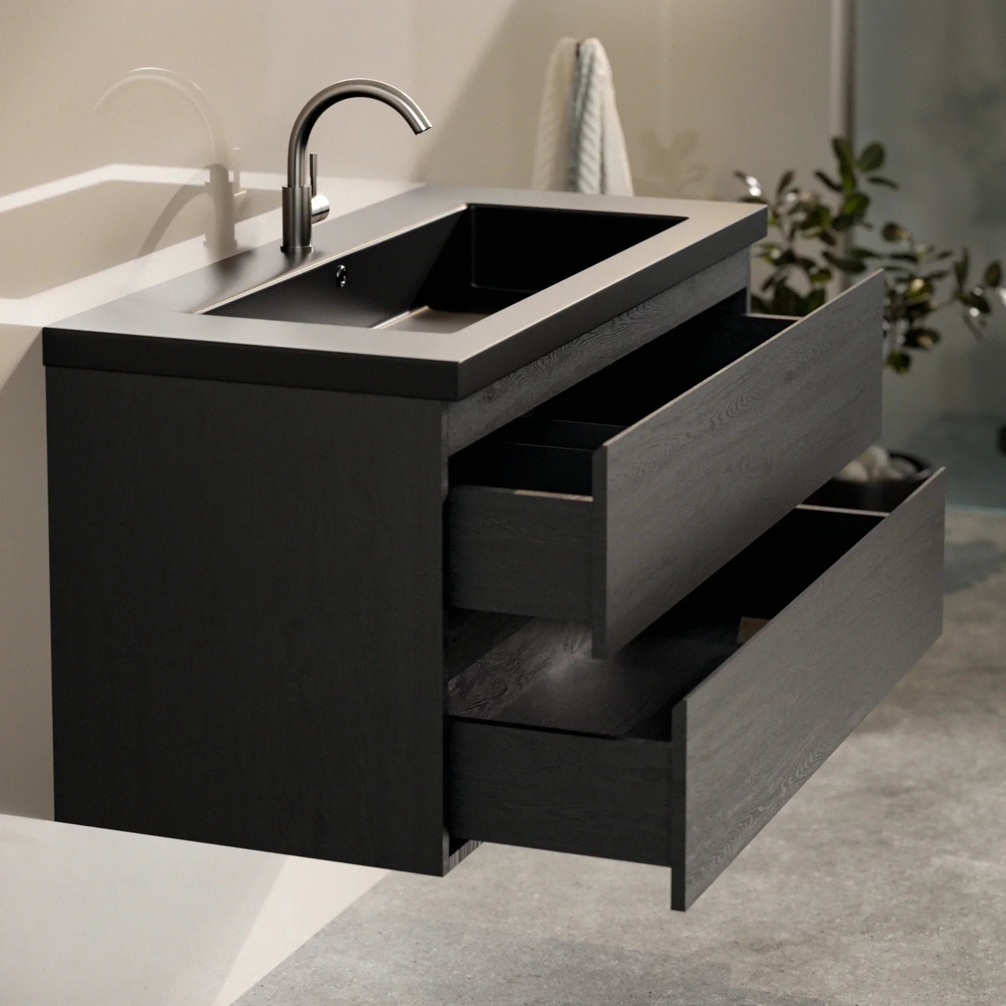 Meuble de salle de bain Sena - 100 cm - Chêne Noir - Lavabo Noir - Précommander