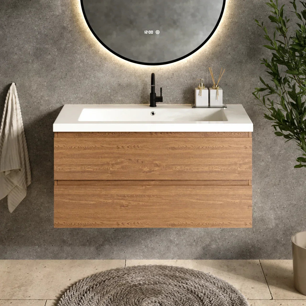 Meuble de salle de bain Sena - 100 cm - Chêne Chaud - Lavabo Blanc