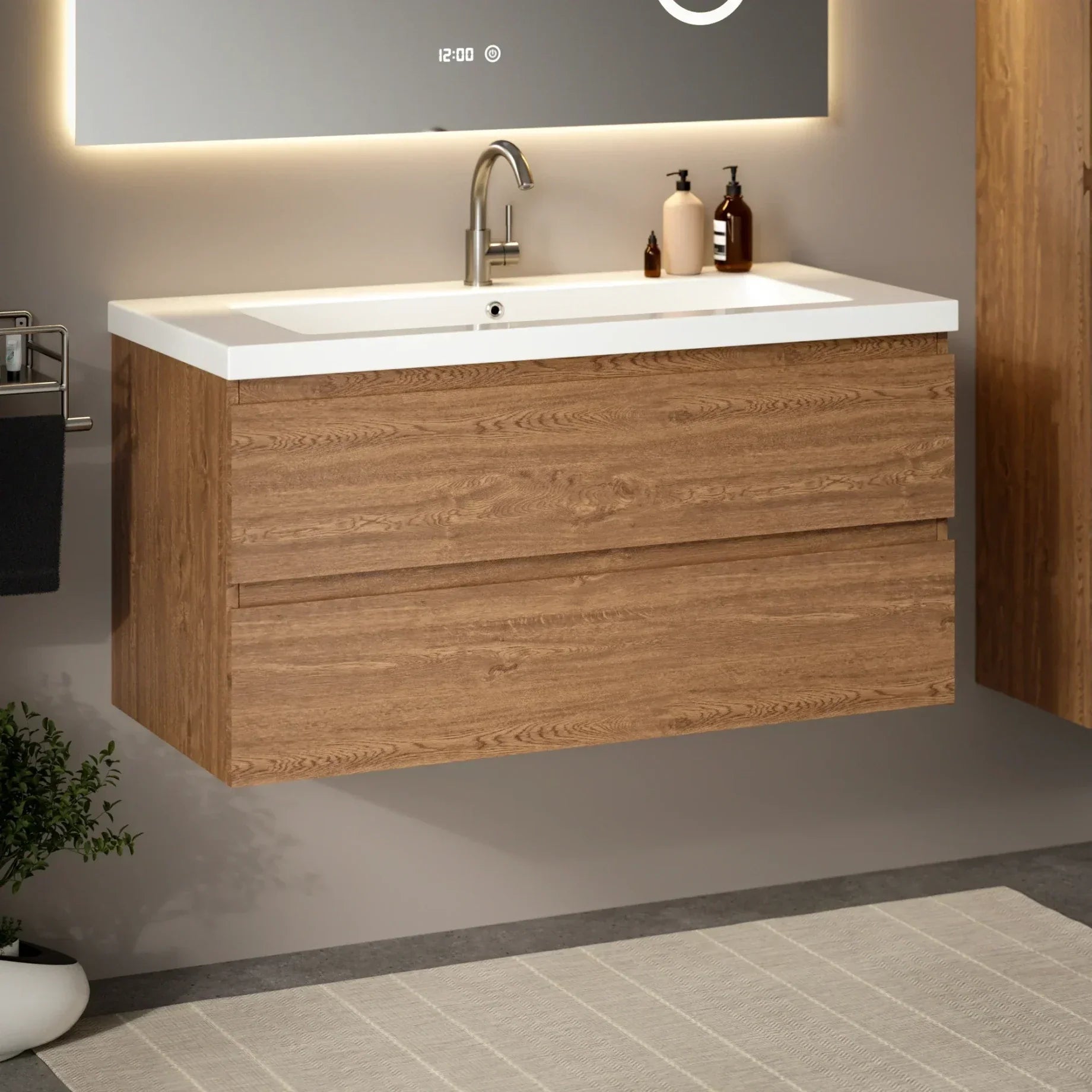 Meuble de salle de bain Sena - 100 cm - Chêne Chaud - Lavabo Blanc