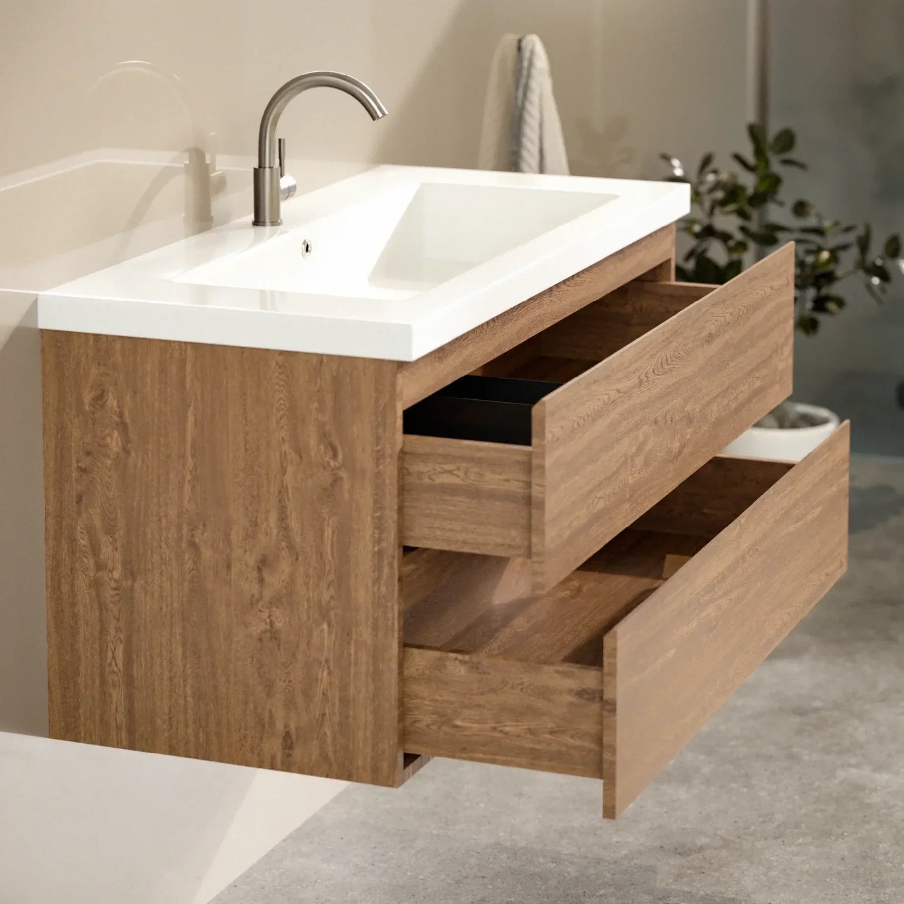 Meuble de salle de bain Sena - 100 cm - Chêne Chaud - Lavabo Blanc