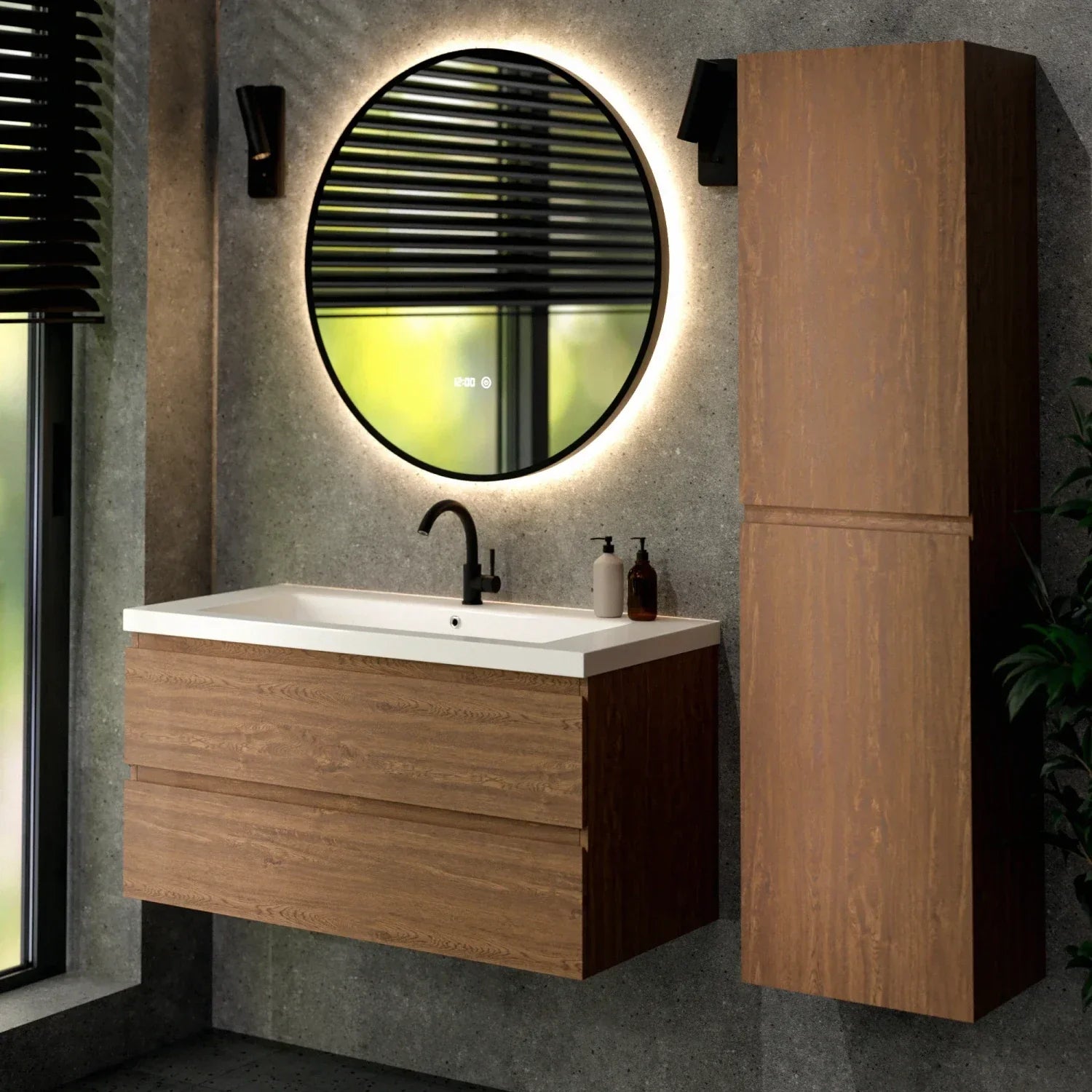 Meuble de salle de bain Sena - 100 cm - Chêne Chaud - Lavabo Blanc