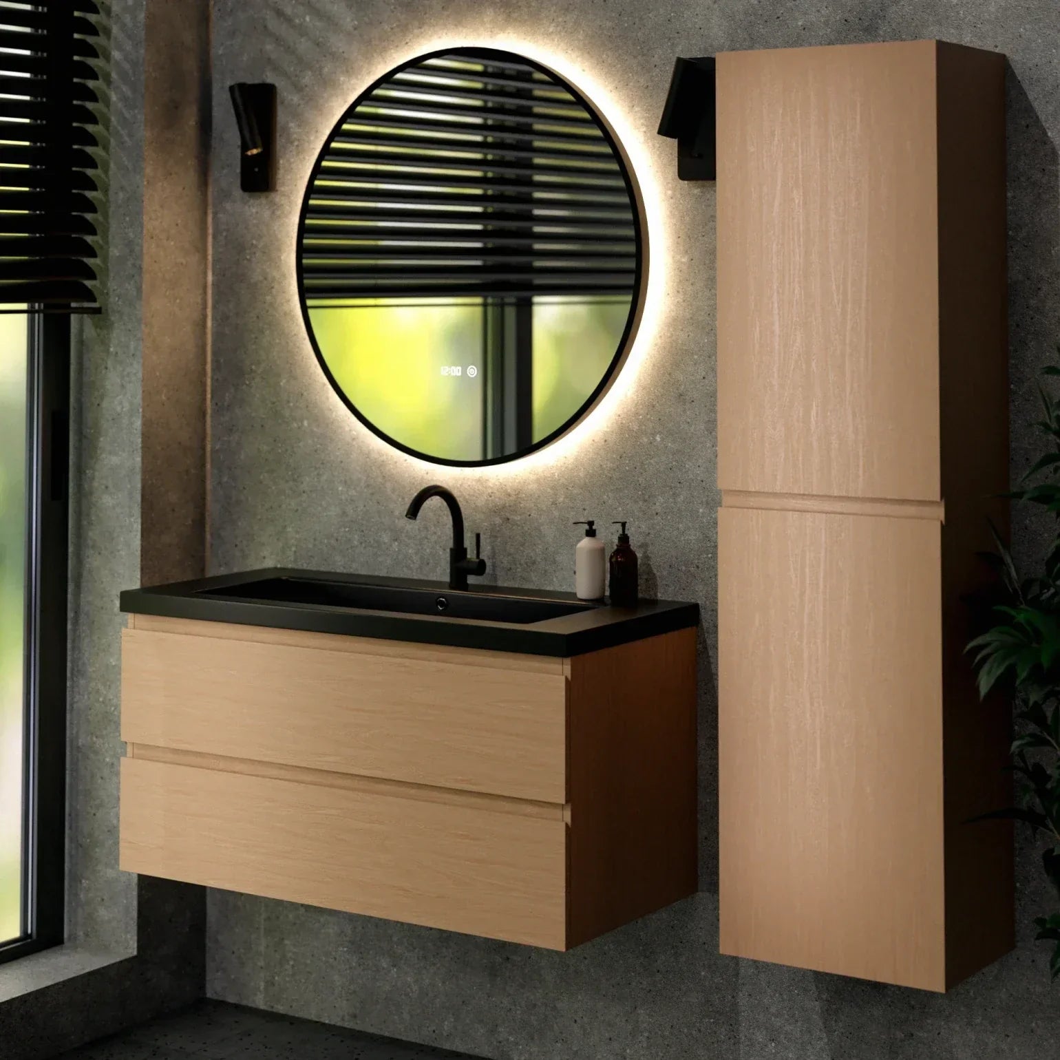 Ensemble meuble vasque Monaco – 100 cm – Chêne Clair – Lavabo Noir