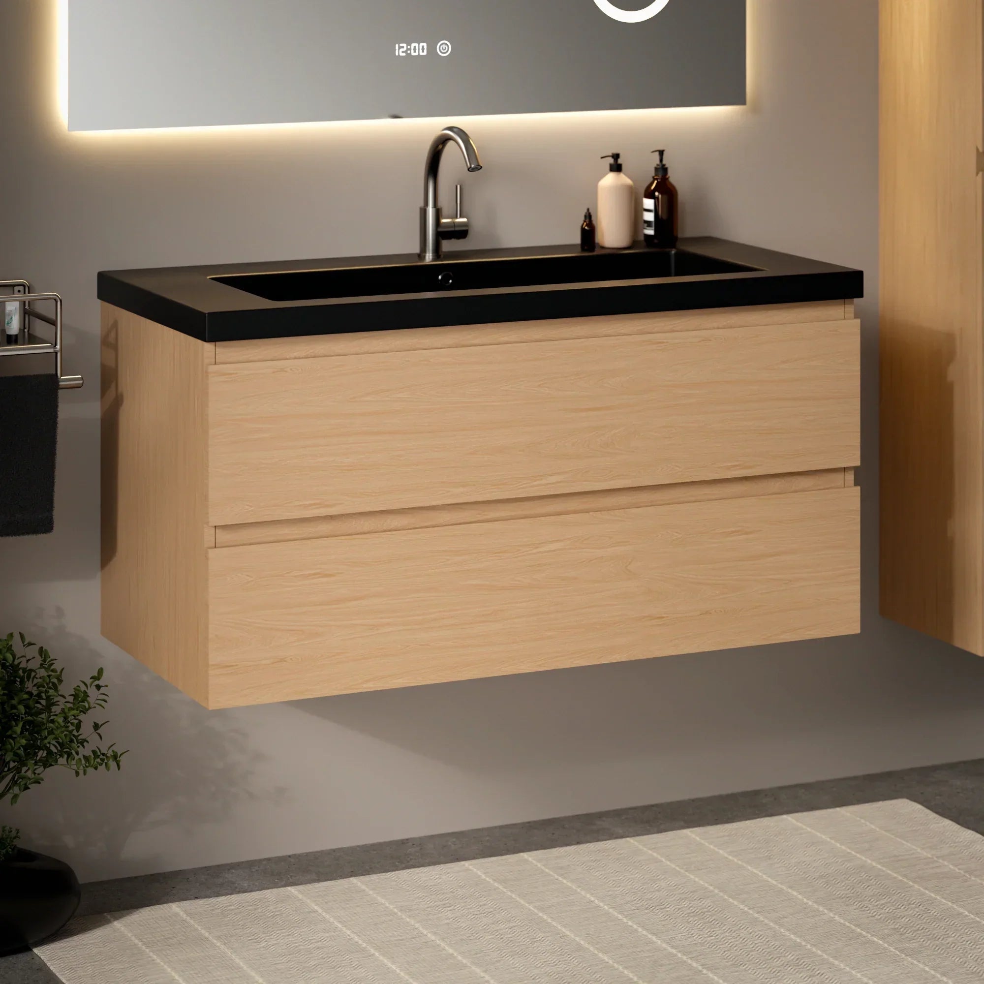 Meuble de salle de bain Sena - 100 cm - Chêne Clair - Lavabo Noir