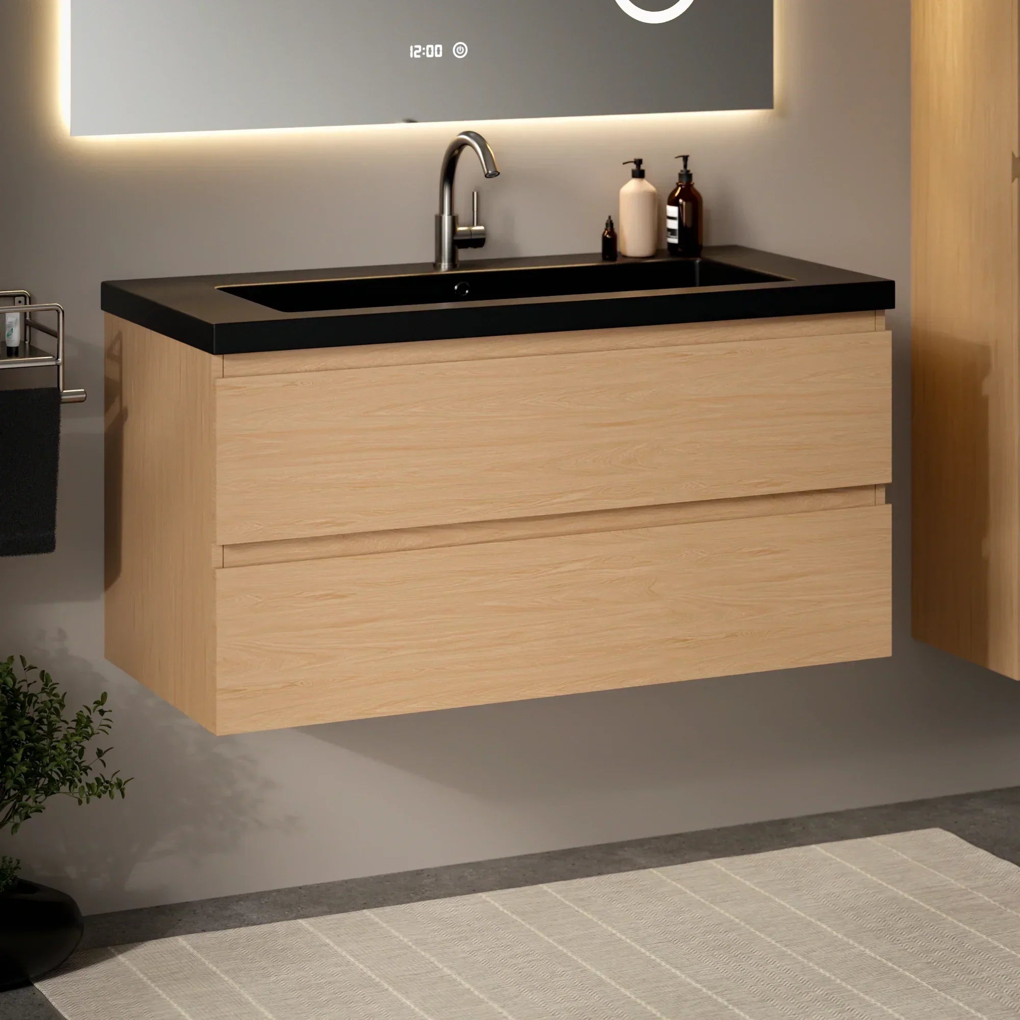 Ensemble meuble vasque Monaco – 100 cm – Chêne Clair – Lavabo Noir