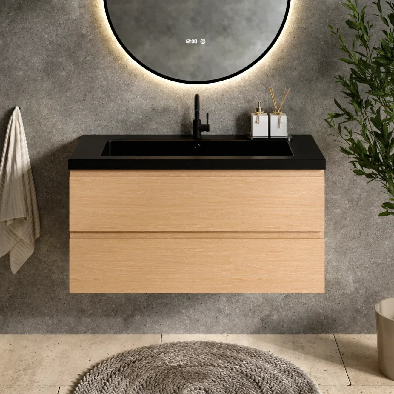 Meuble de salle de bain Sena - 100 cm - Chêne Clair - Lavabo Noir