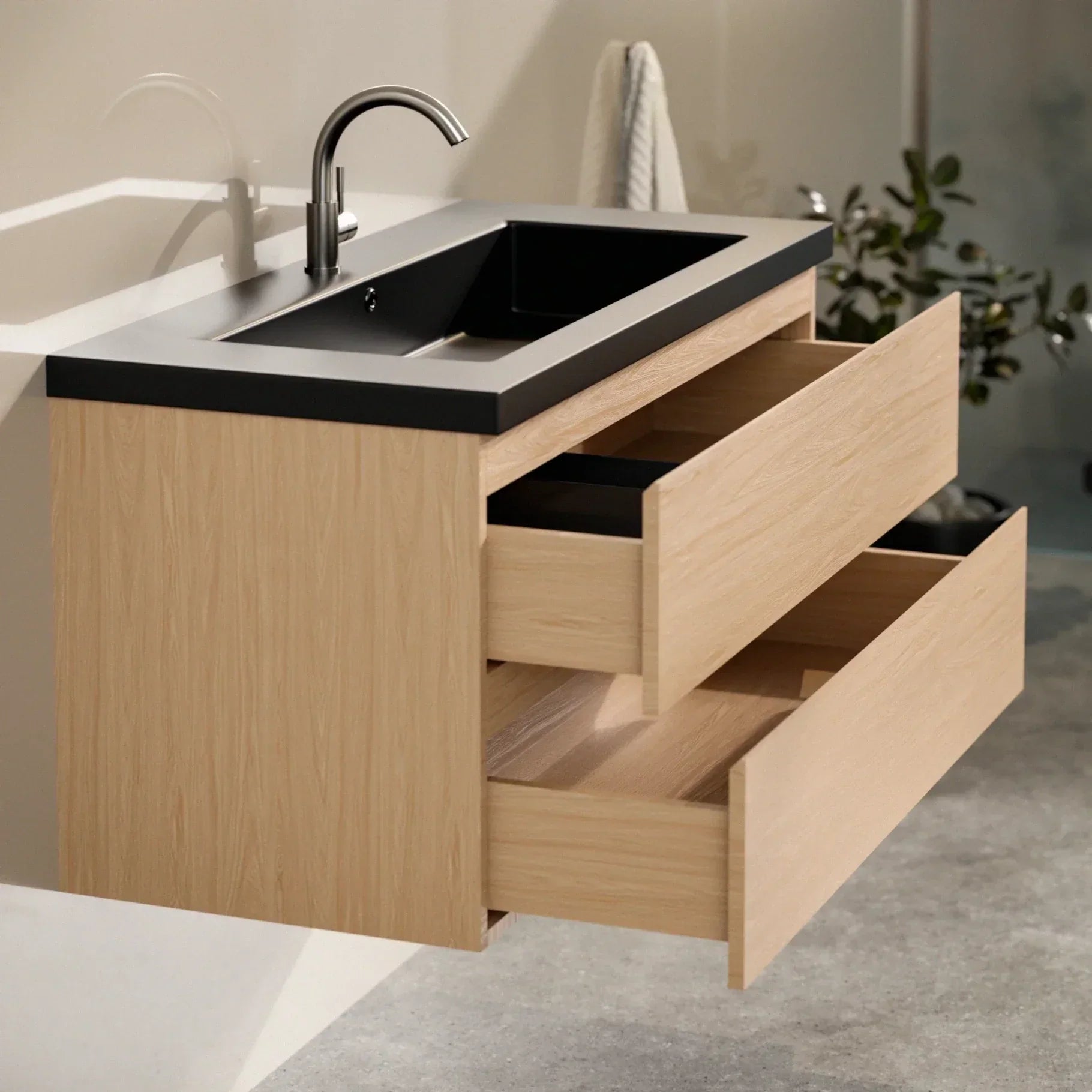 Ensemble meuble vasque Monaco – 100 cm – Chêne Clair – Lavabo Noir